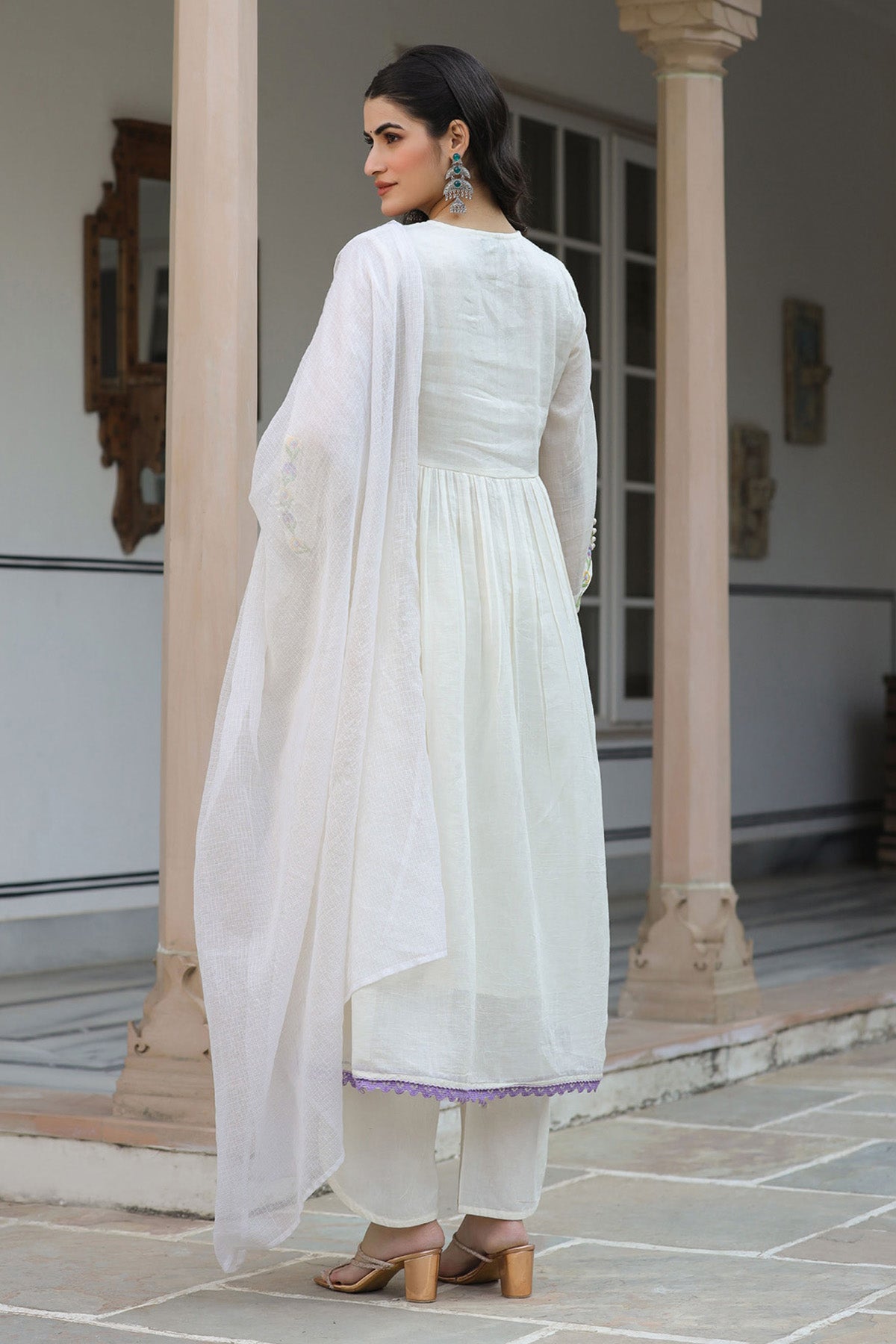 White Mul Mul Embroidered Anarkali Suit Set With Dupatta