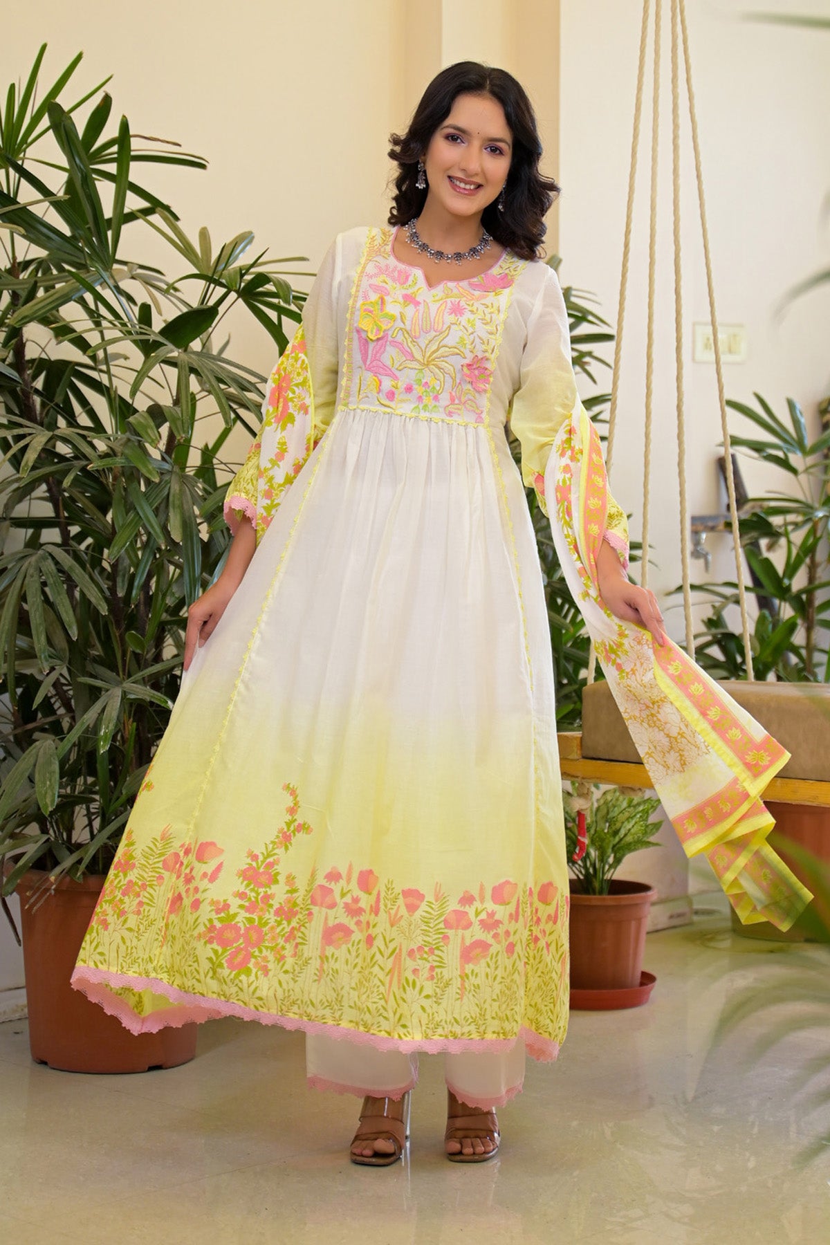 Yellow Mul Mul Embroidered Anarkali Suit Set With Dupatta