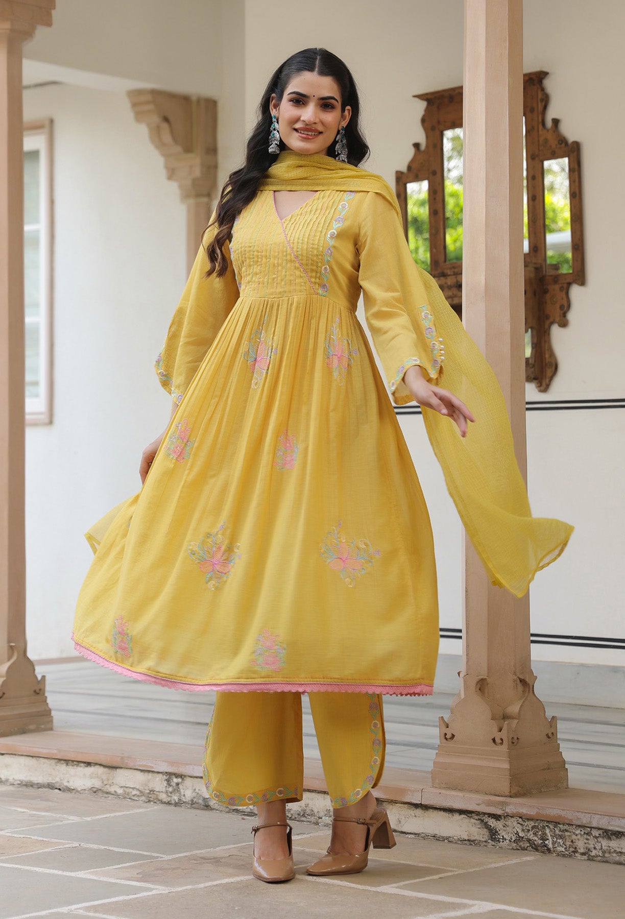 Yellow Mul Mul Embroidered Anarkali Suit Set With Dupatta