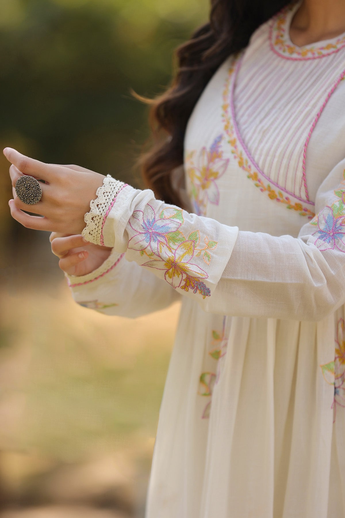 Cream Mul Mul Embroidered Anarkali Suit Set With Dupatta