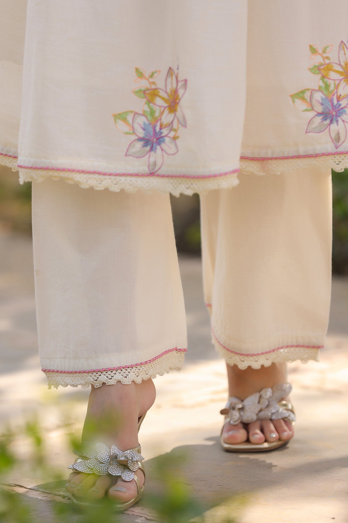 Cream Mul Mul Embroidered Anarkali Suit Set With Dupatta