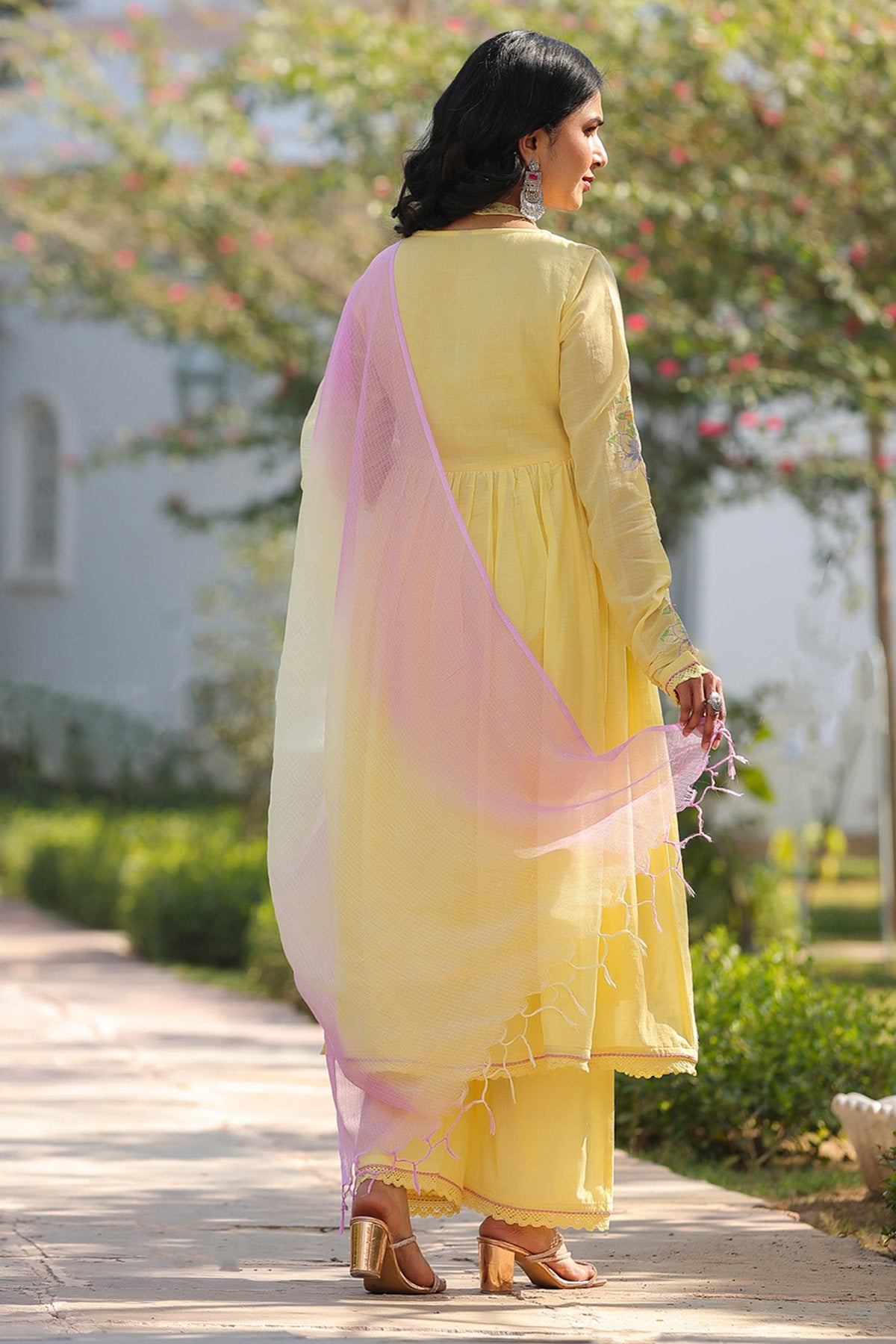 Yellow Mul Mul Embroidered Anarkali Suit Set With Dupatta