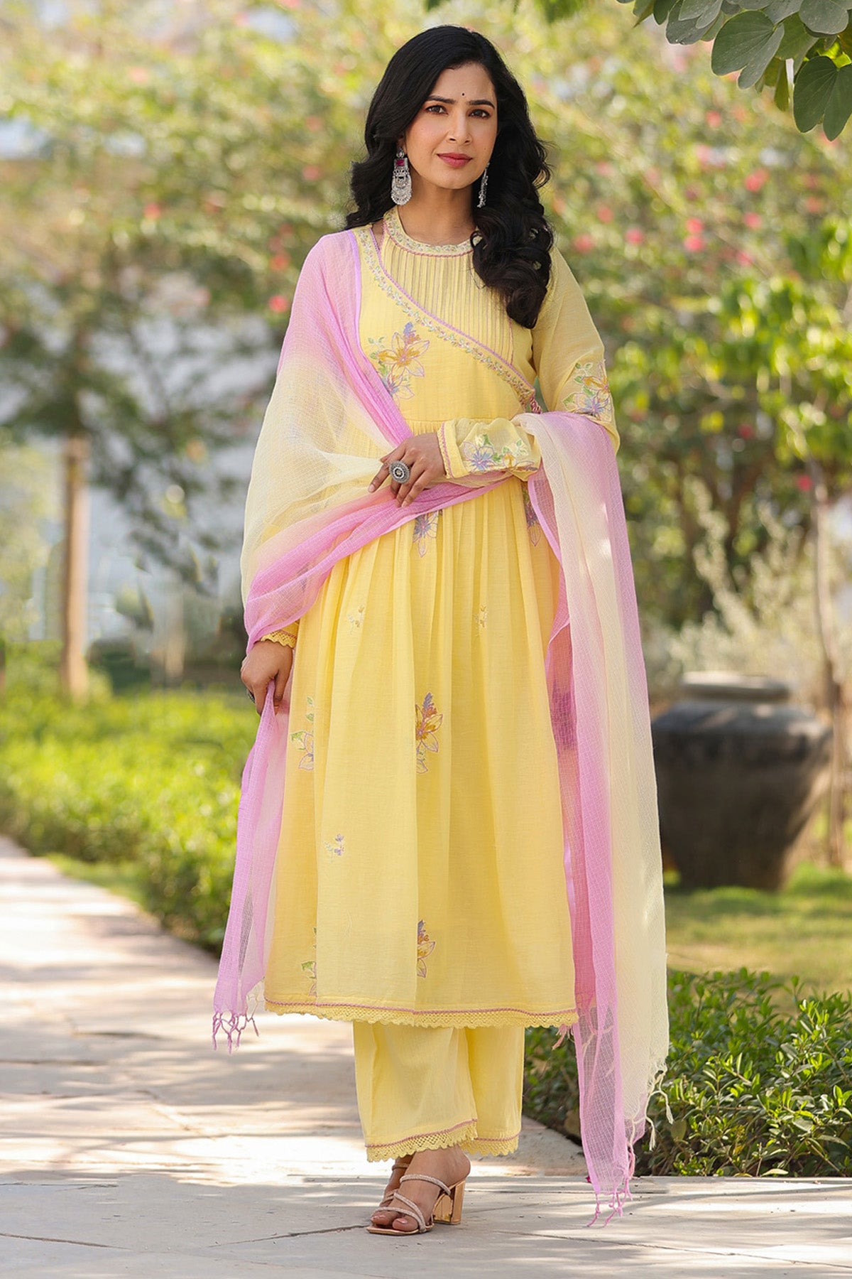 Yellow Mul Mul Embroidered Anarkali Suit Set With Dupatta