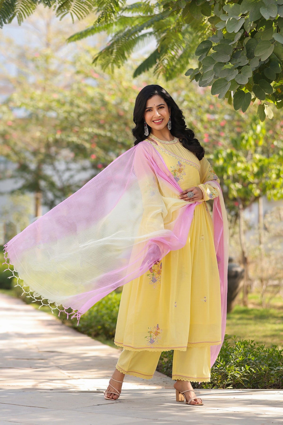 Yellow Mul Mul Embroidered Anarkali Suit Set With Dupatta