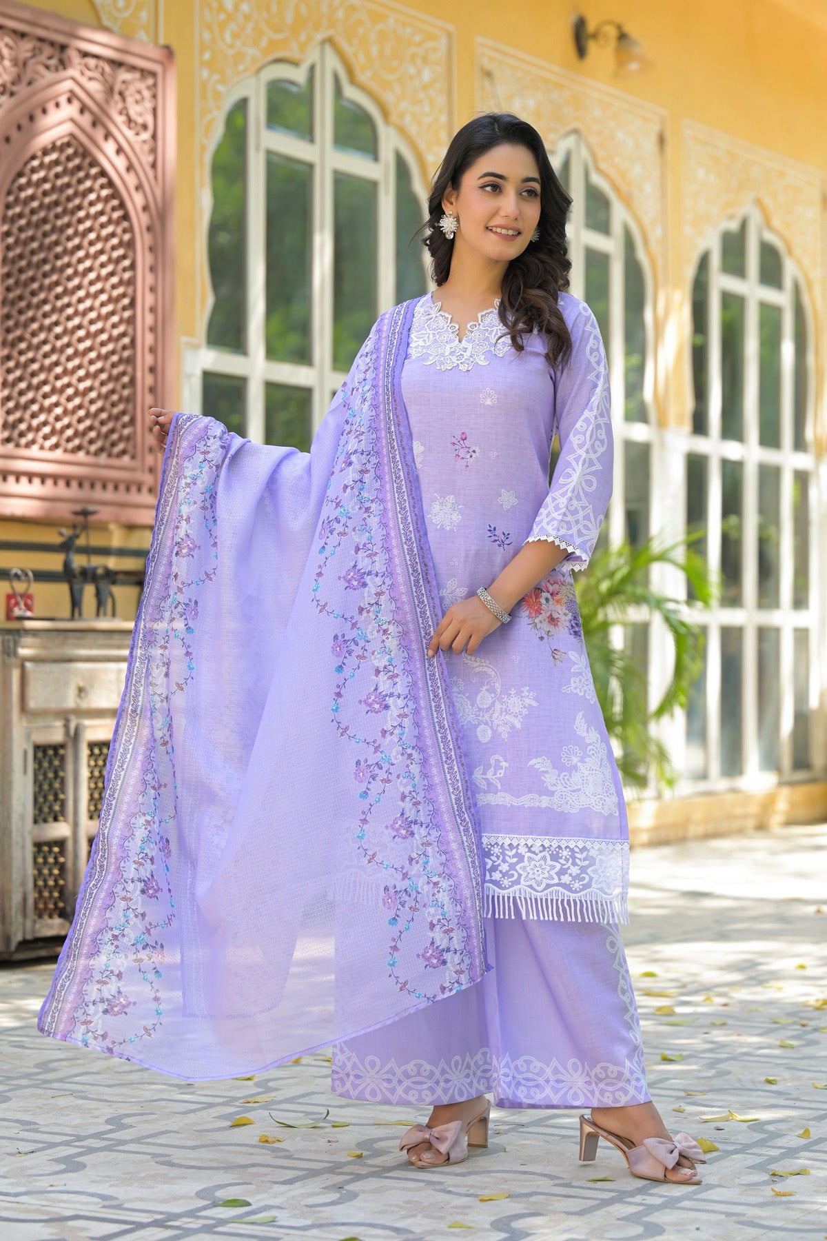 Lavender Embroidered Cotton Kurta Set With Dupatta