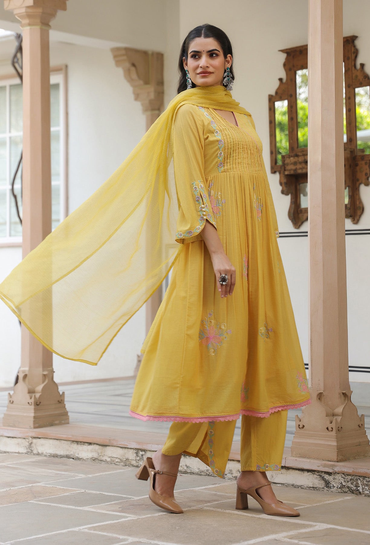 Yellow Mul Mul Embroidered Anarkali Suit Set With Dupatta
