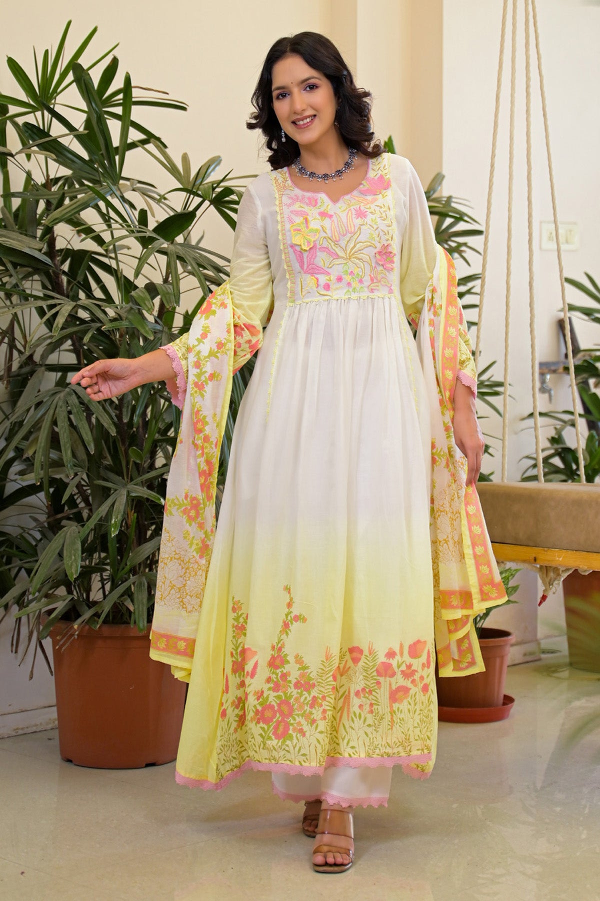 Yellow Mul Mul Embroidered Anarkali Suit Set With Dupatta