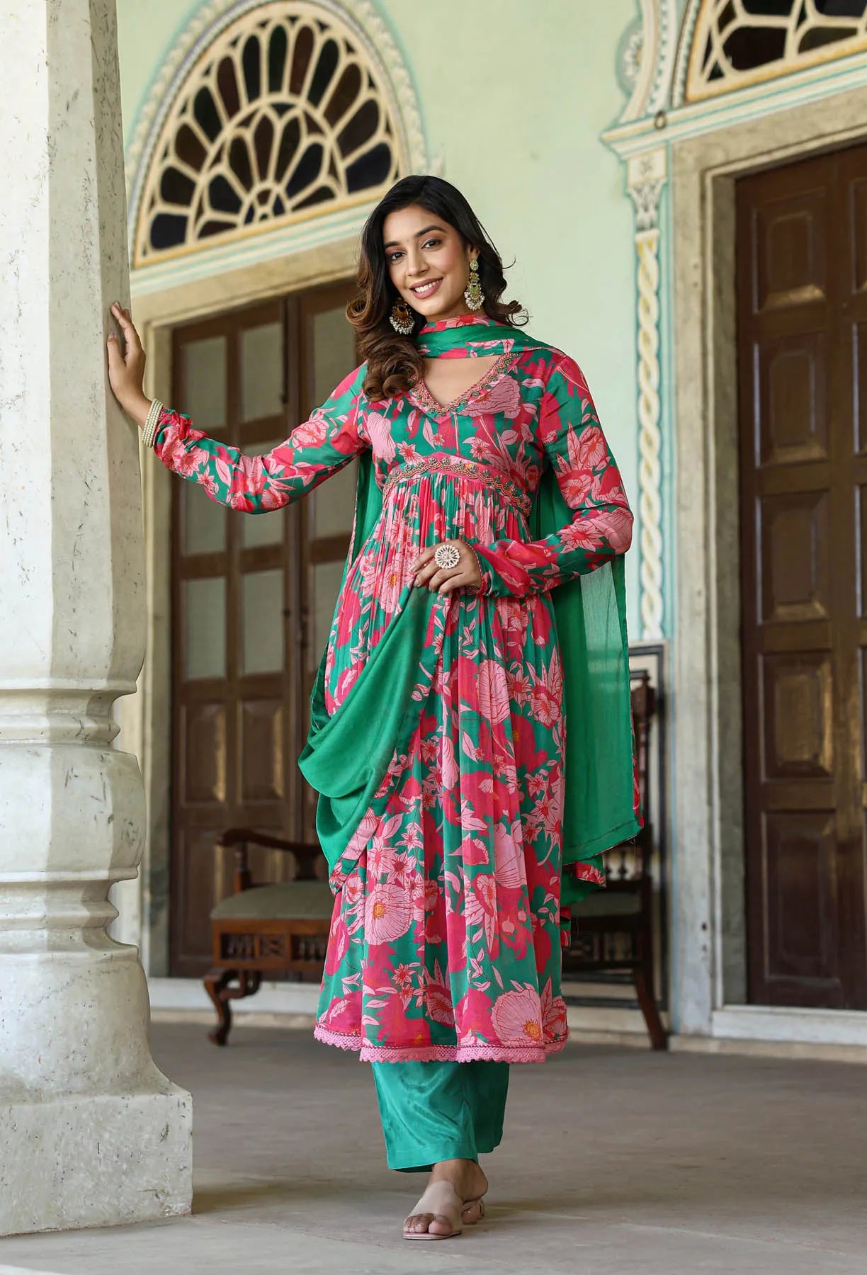 Pink Floral Chinon Handwork Anarkali Suit