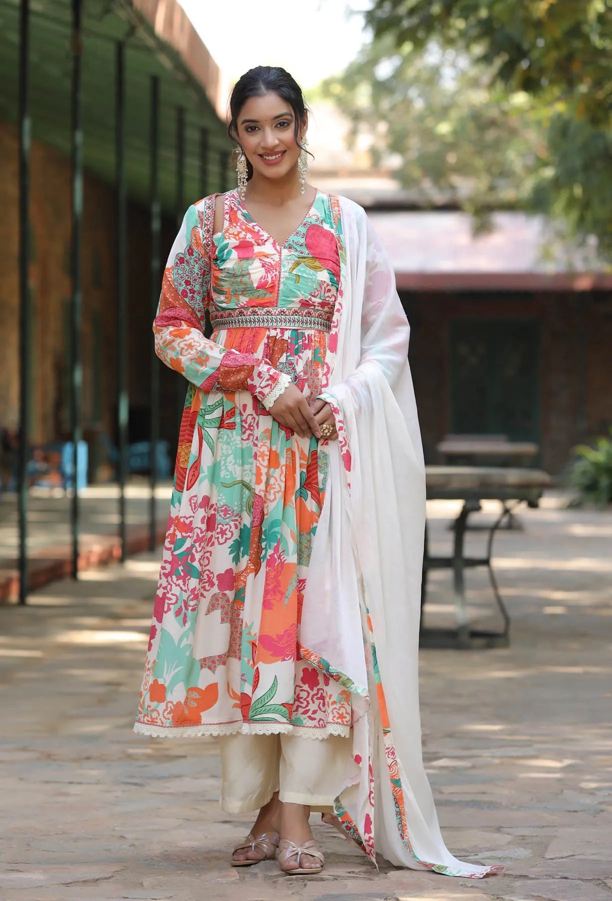 White Floral Viscose Crepe Anarkali Suit