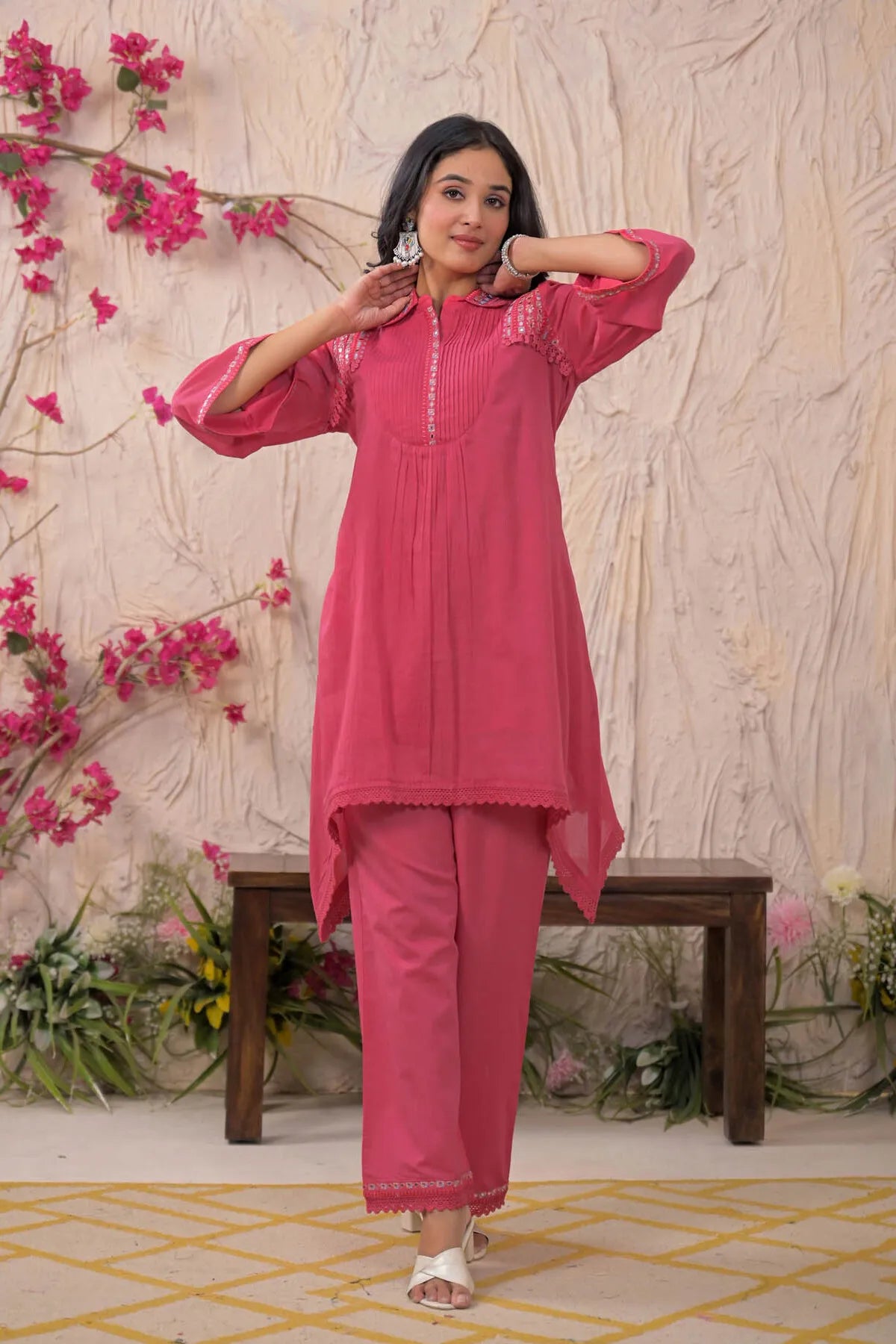 Pink Cotton Embroidered Co-Ord Set