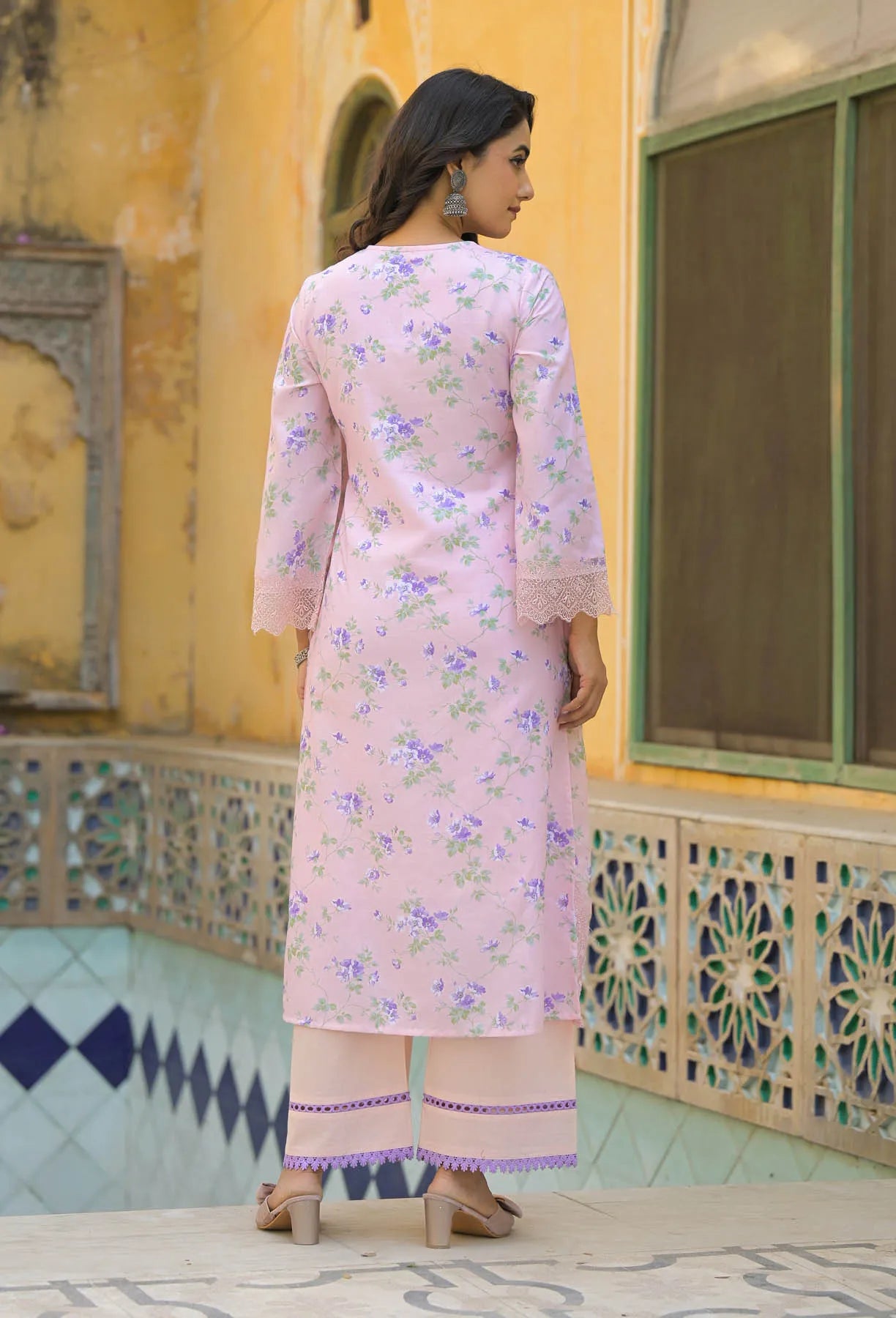 Pink Multicolor Cotton Printed Straight Cut Suit | Bairaas