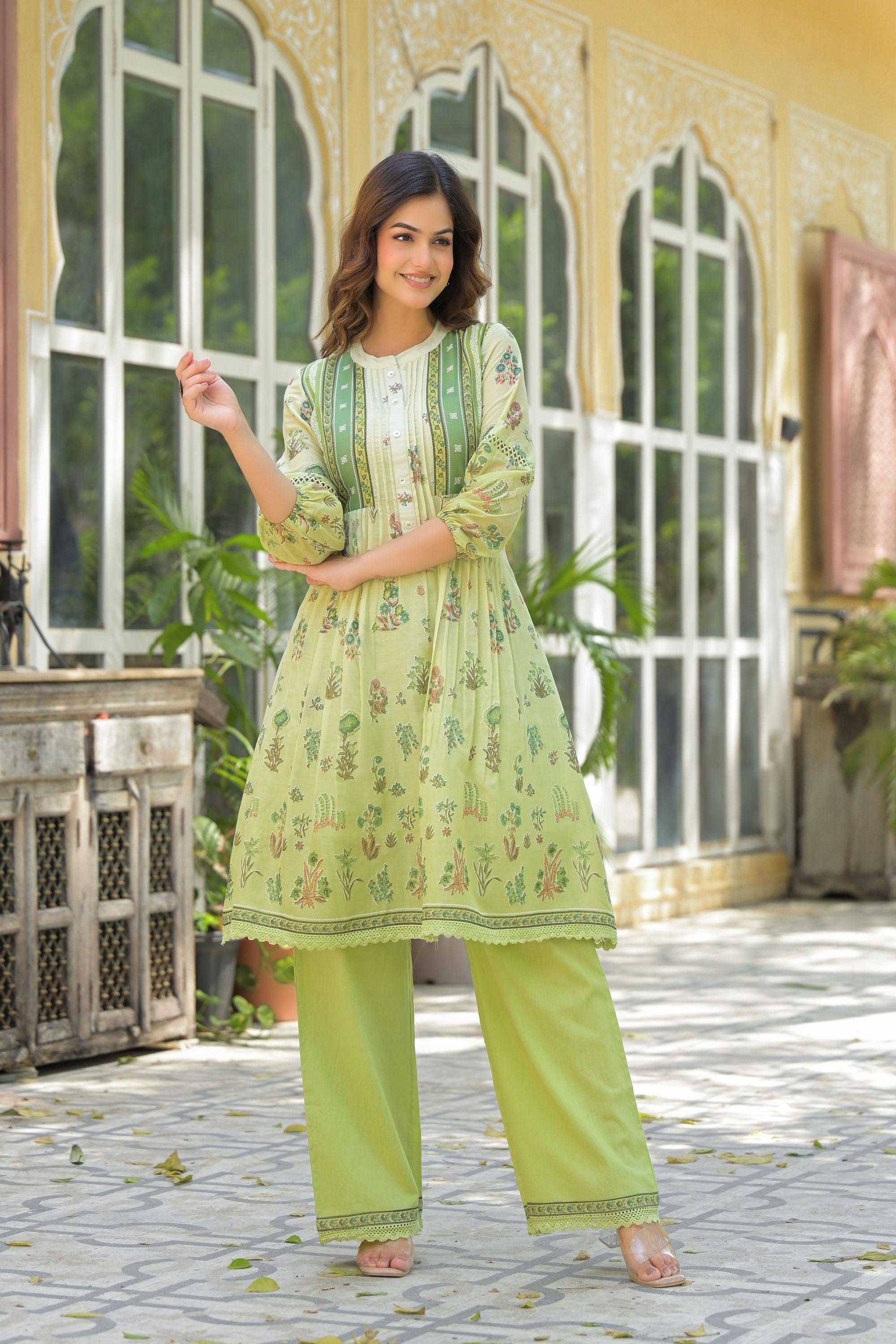 Green Mul Mul Printed Cord Set