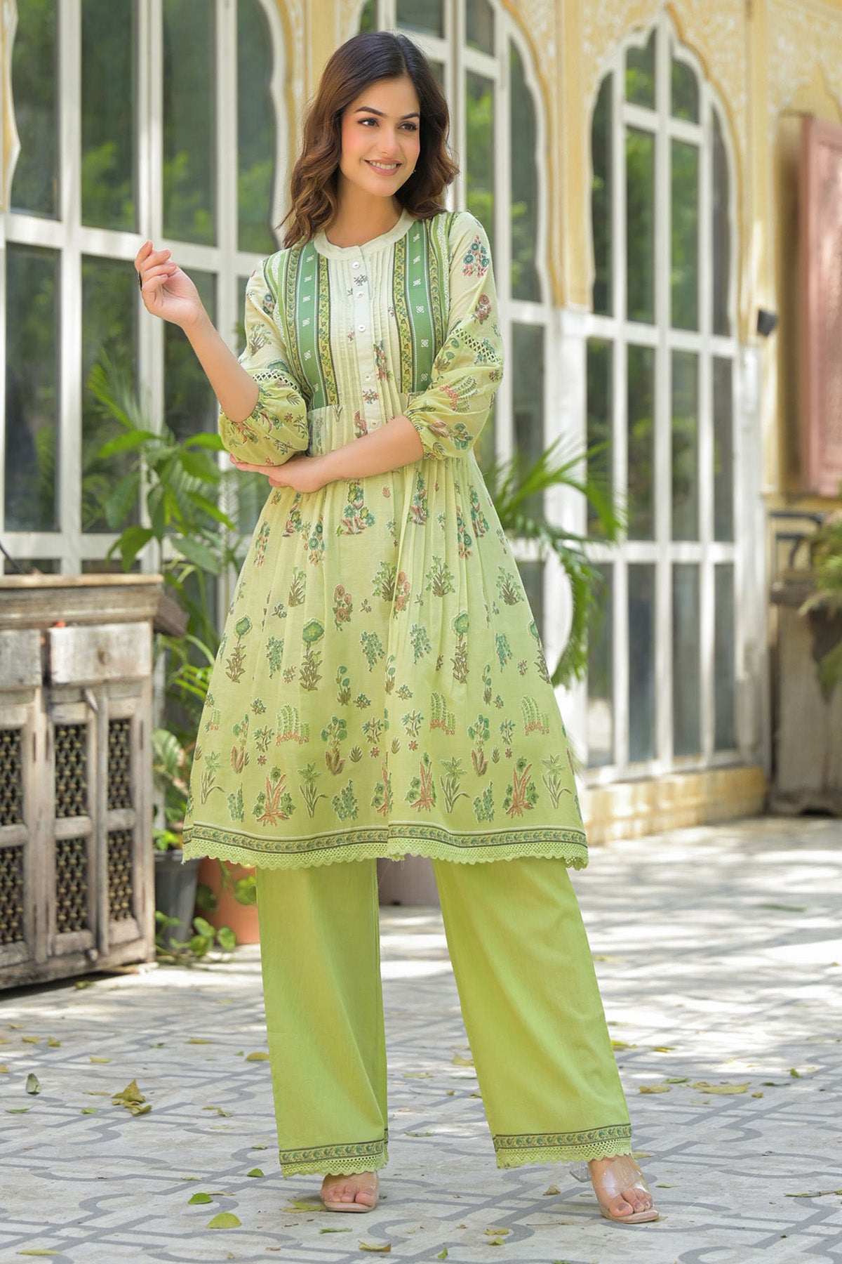 Green Mul Mul Printed Cord Set