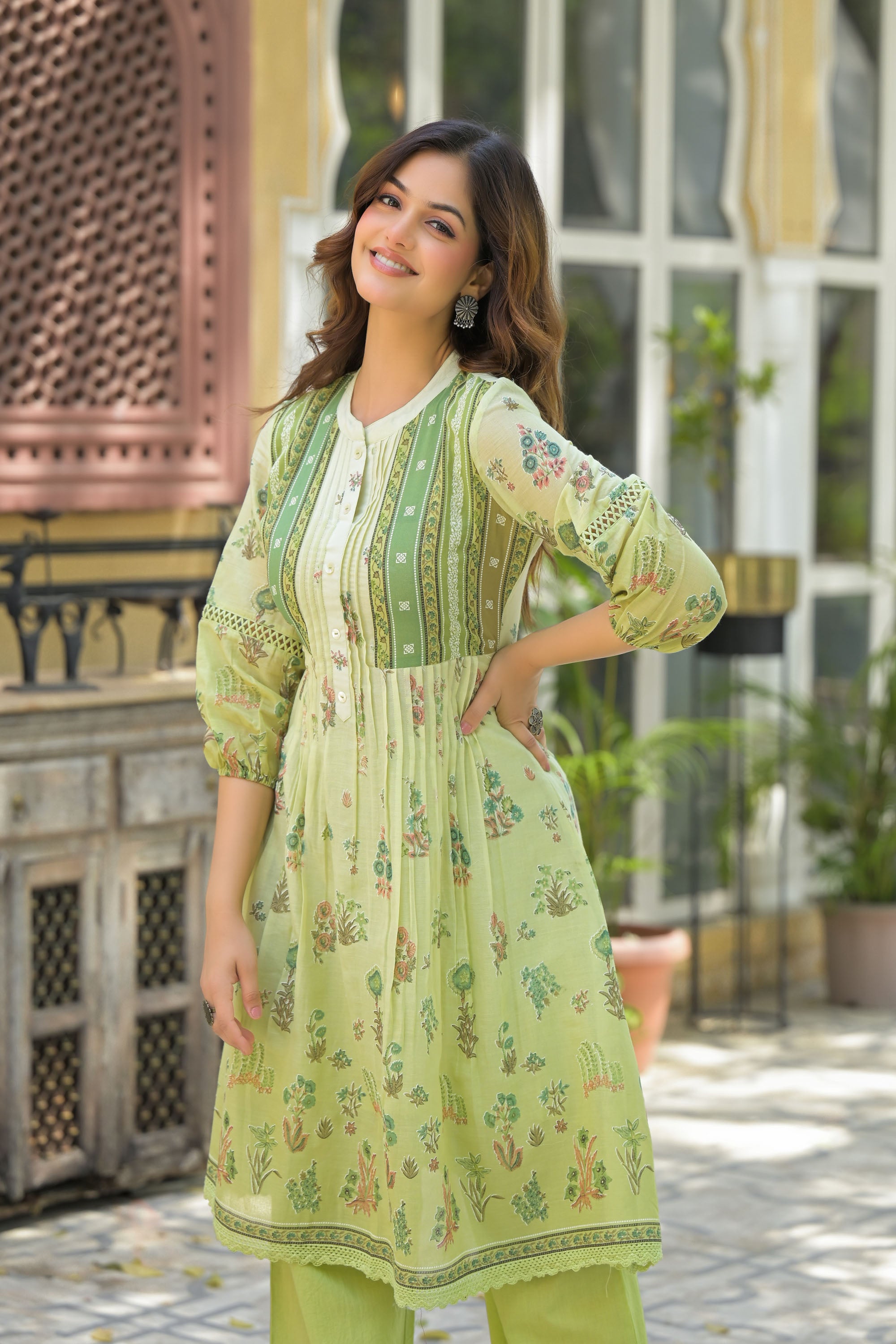 Green Mul Mul Printed Cord Set