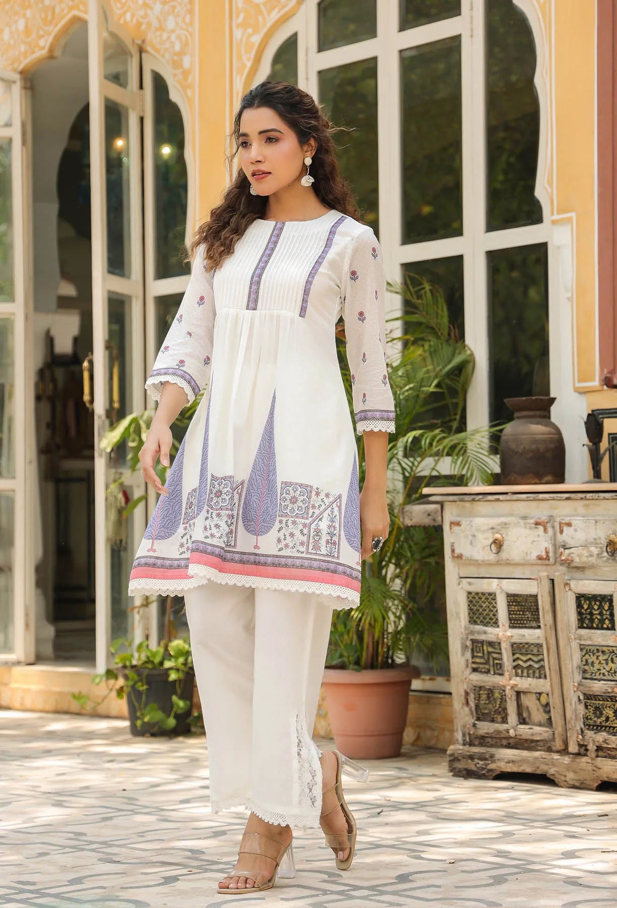 White & Purple Cotton Printed Co-Ord Set for Women