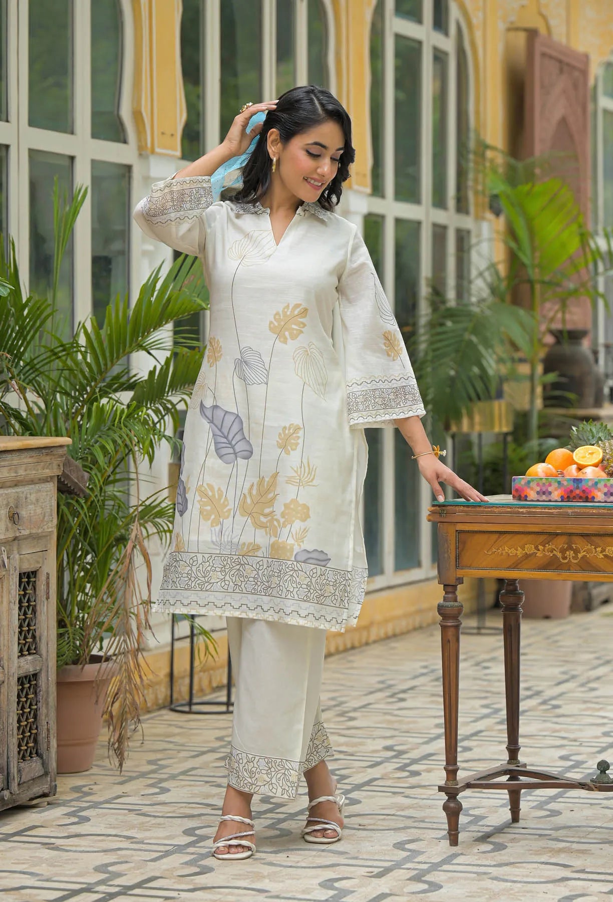Cream Mustard Linen Printed Co-Ord Set | Bairaas