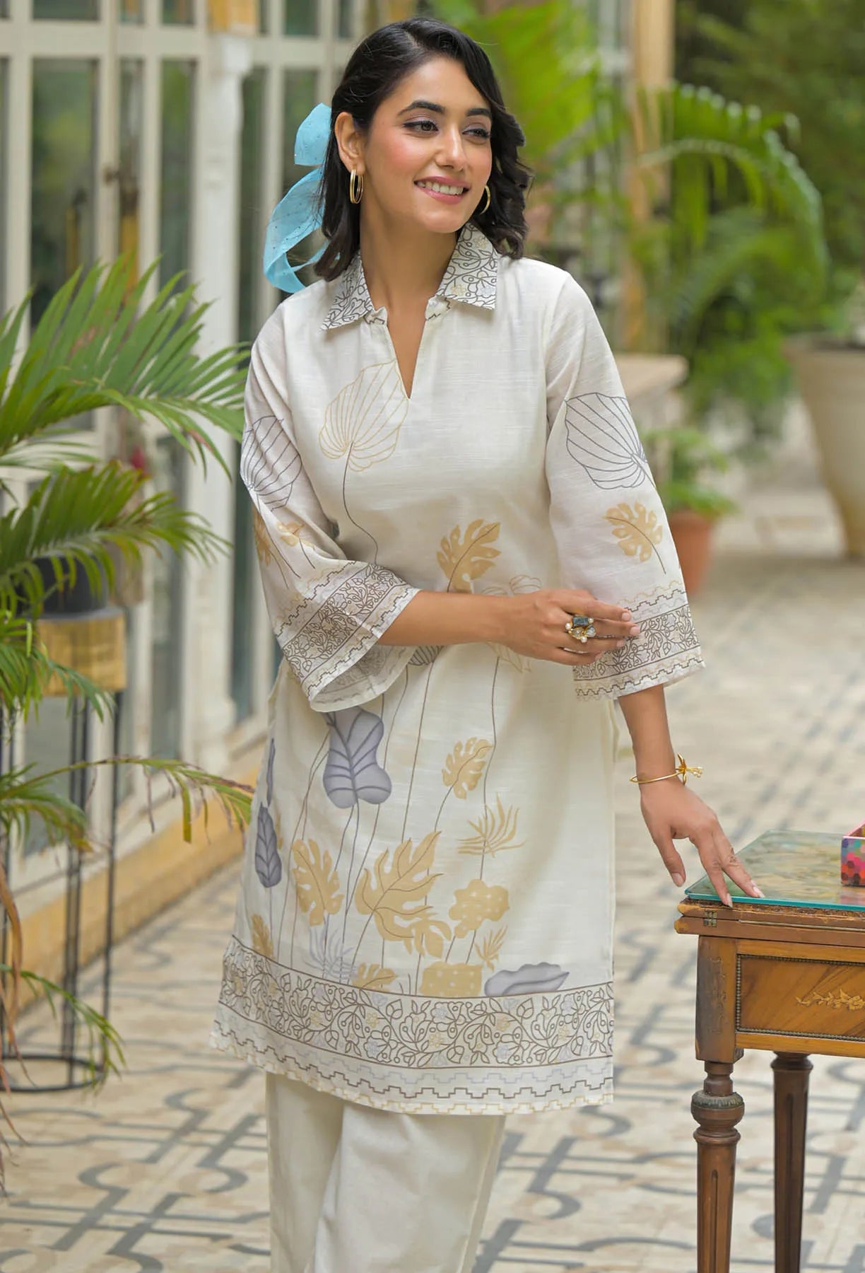 Cream Mustard Linen Printed Co-Ord Set | Bairaas