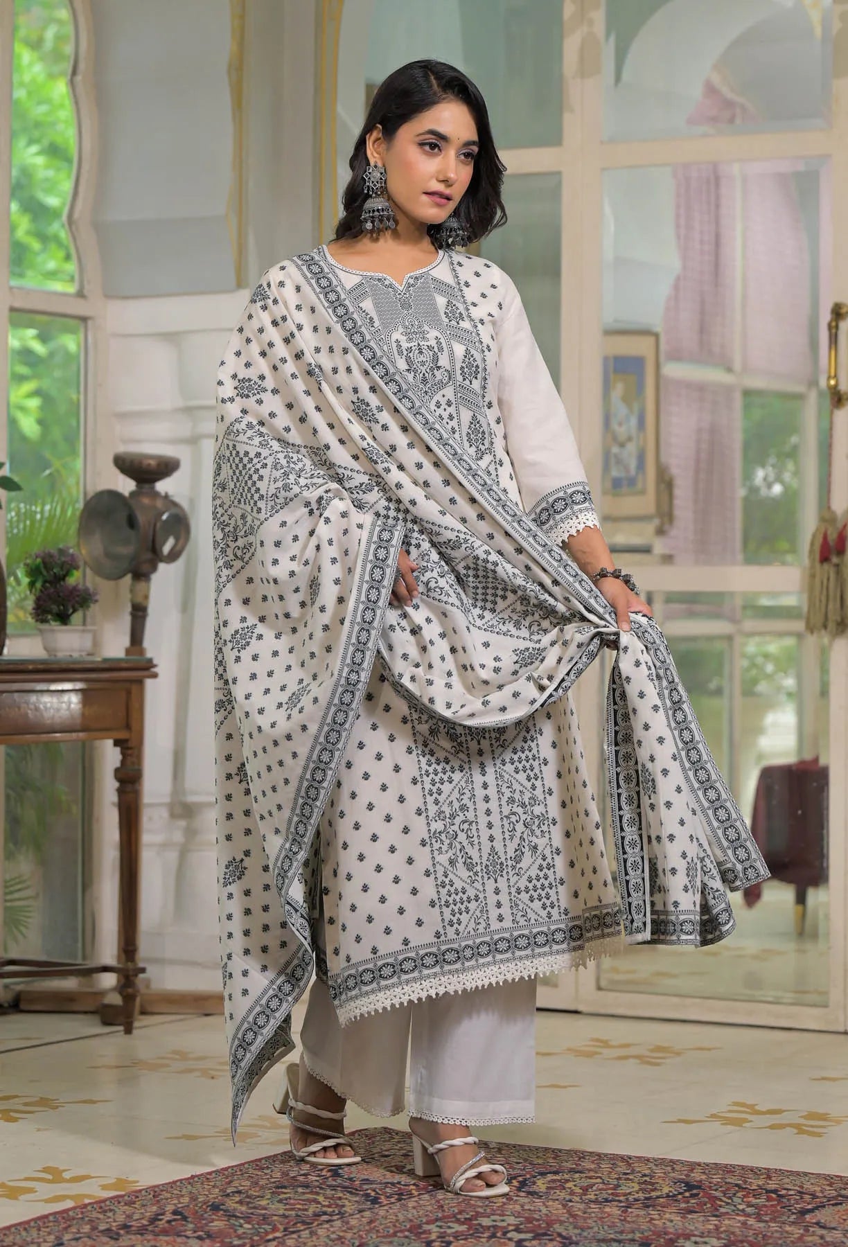 White Cotton Embroidered Straight Cut Suit Set | Bairaas