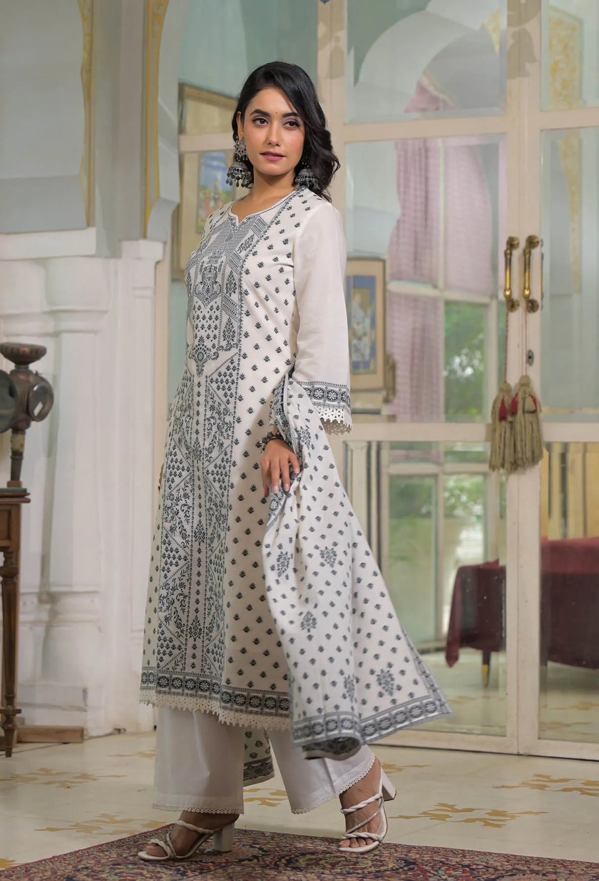 White Cotton Embroidered Straight Cut Suit Set | Bairaas