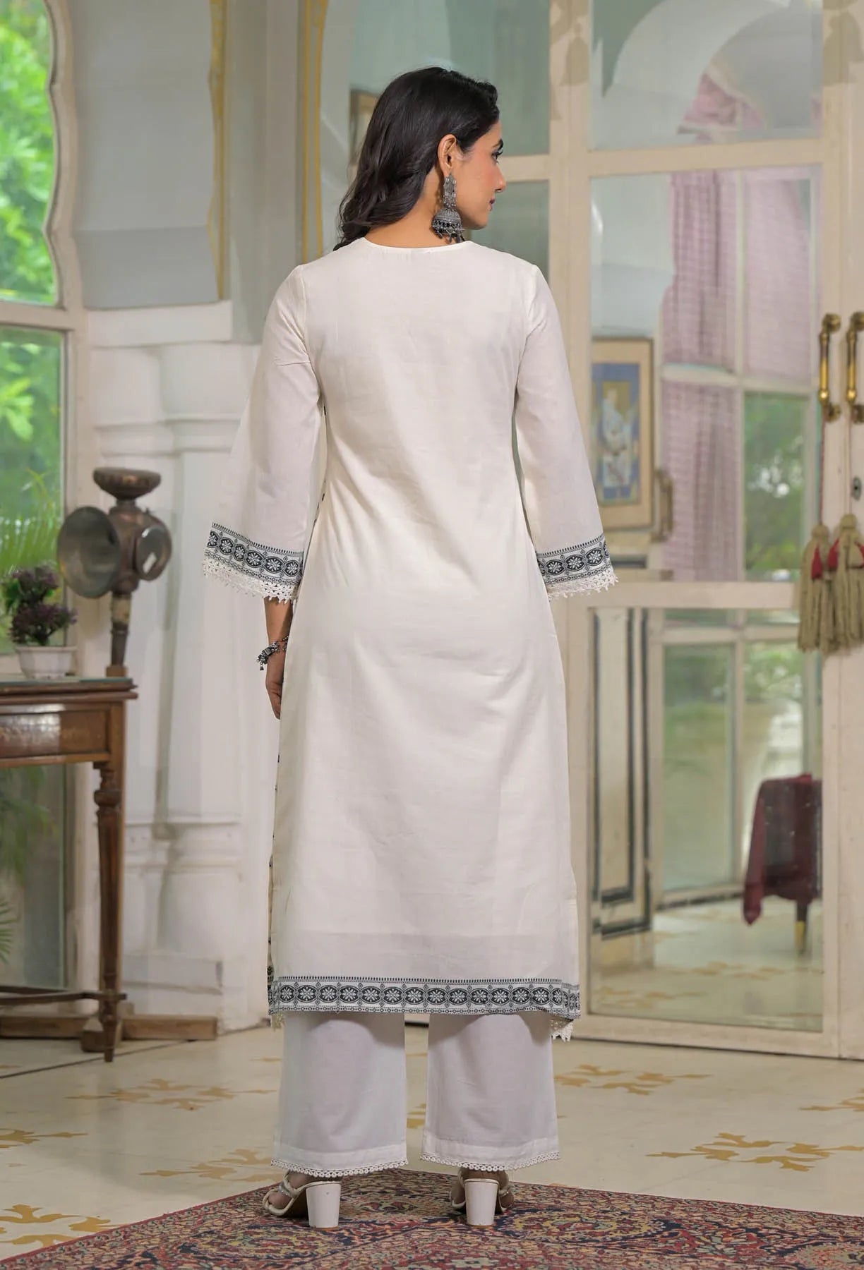 White Cotton Embroidered Straight Cut Suit Set | Bairaas