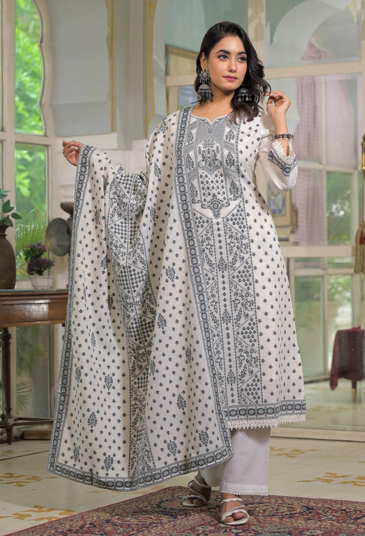 White Cotton Embroidered Straight Cut Suit Set | Bairaas