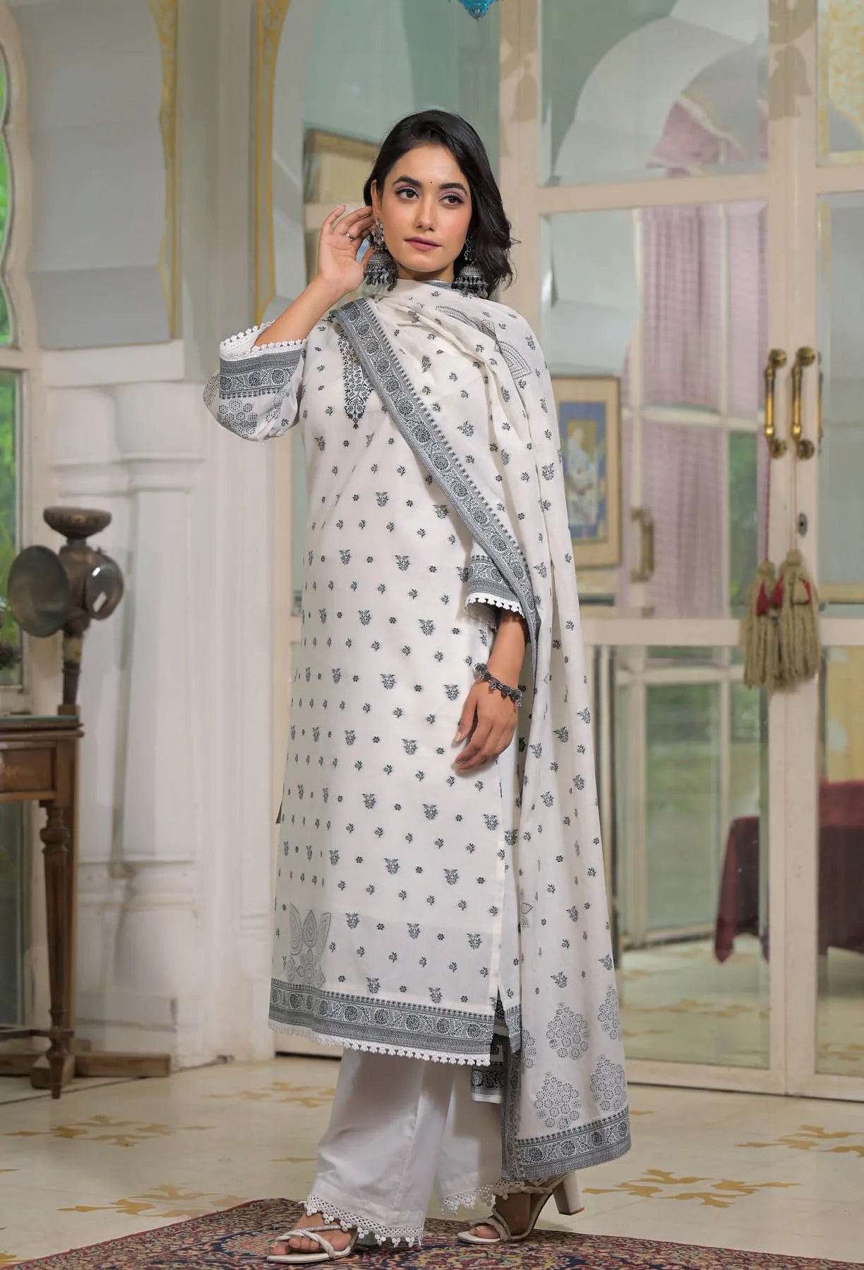 White Cotton Straight Embroidered Suit Set | Bairaas