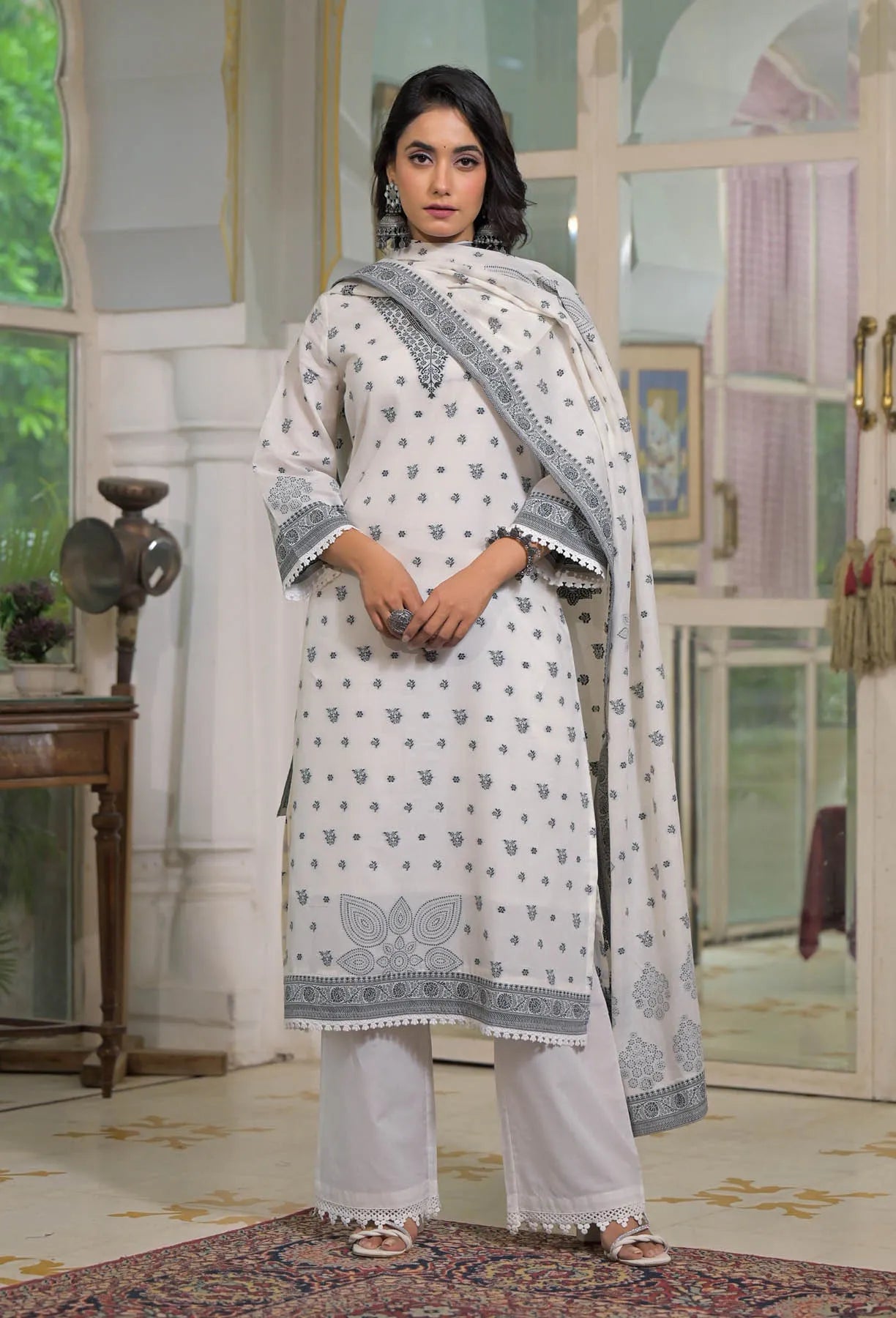 White Cotton Straight Embroidered Suit Set | Bairaas