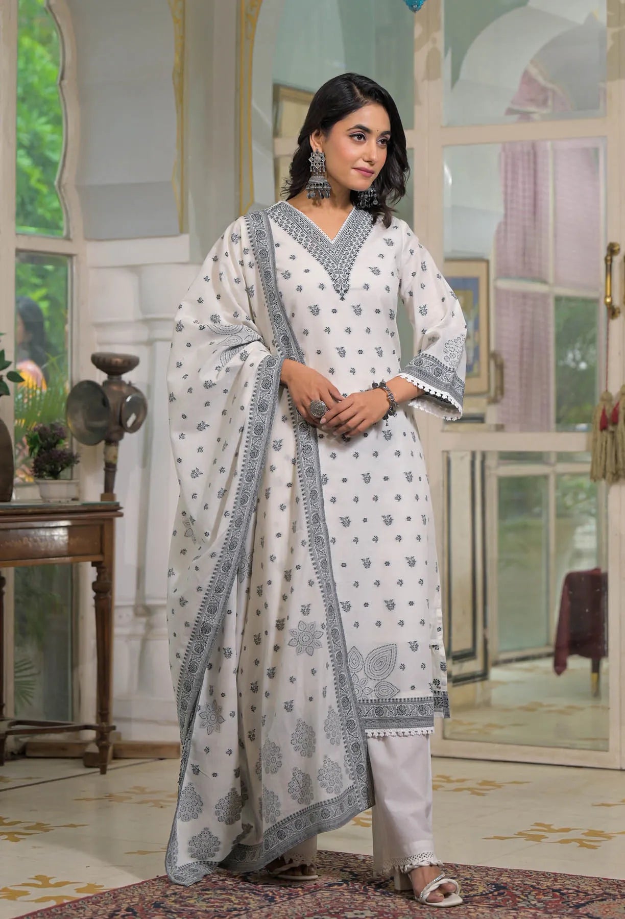 White Cotton Straight Embroidered Suit Set | Bairaas