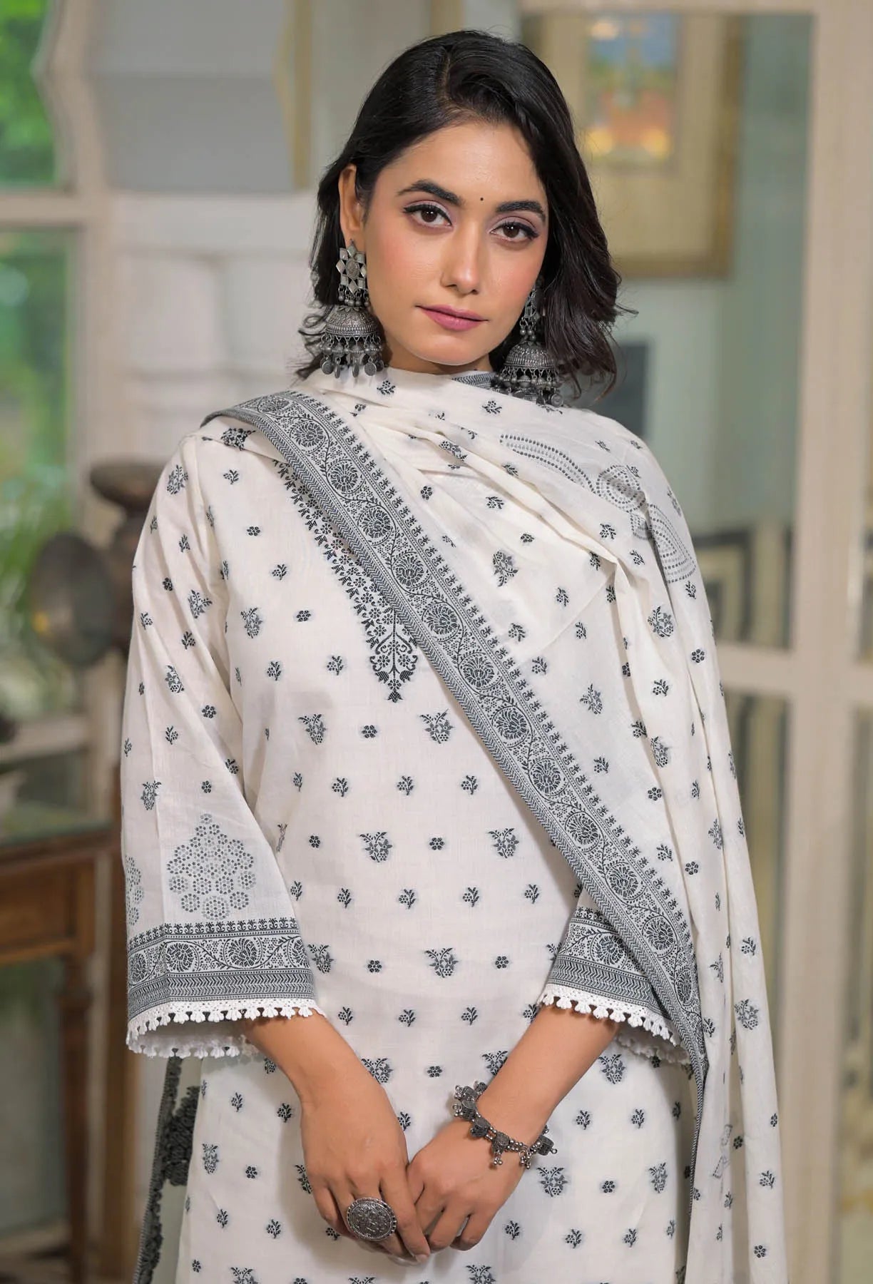 White Cotton Straight Embroidered Suit Set | Bairaas