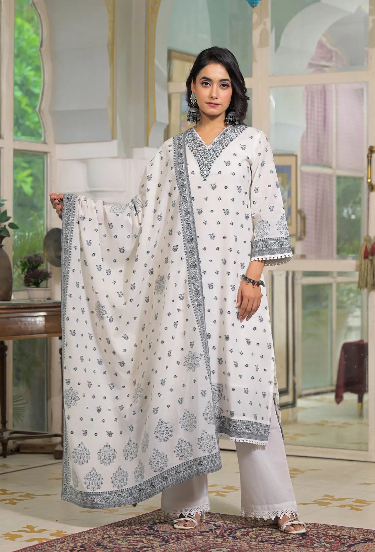 White Cotton Straight Embroidered Suit Set | Bairaas