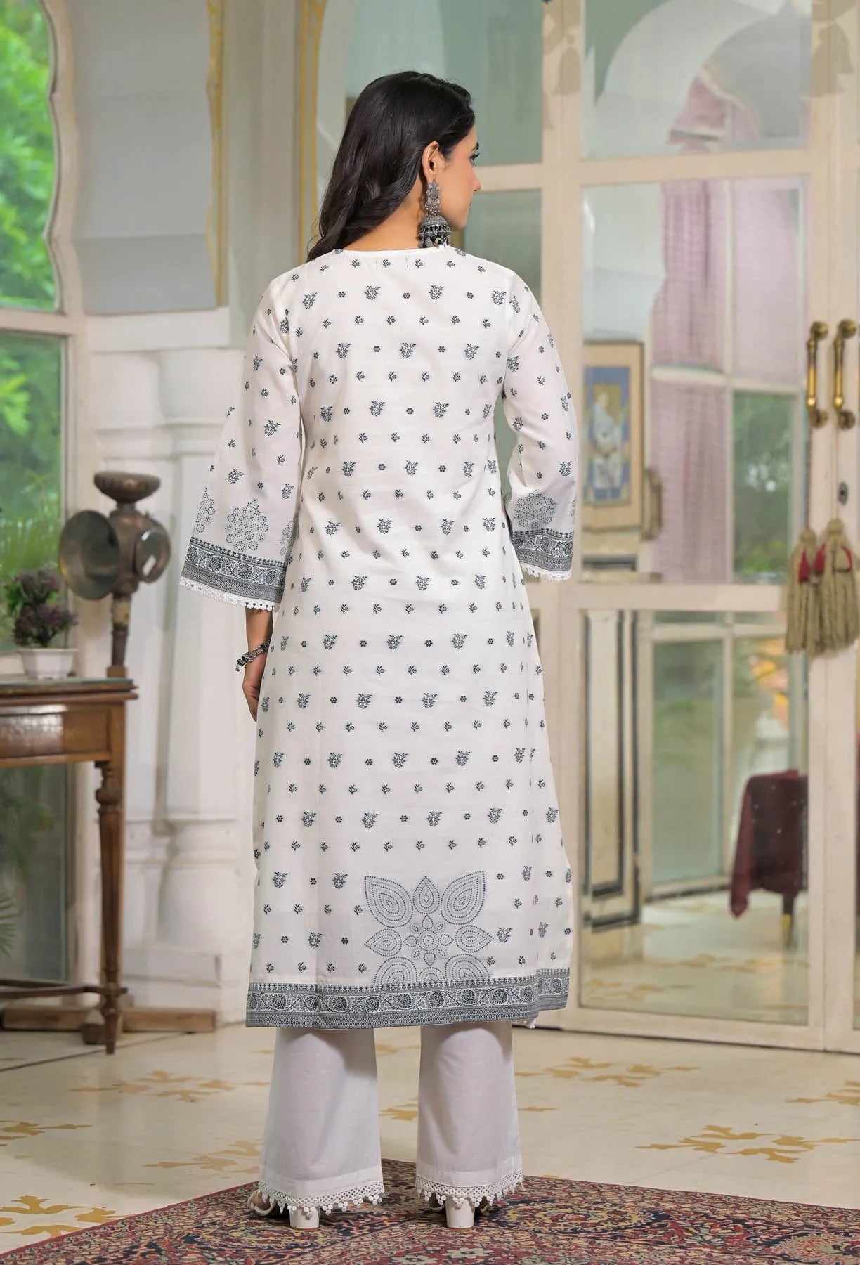White Cotton Straight Embroidered Suit Set | Bairaas