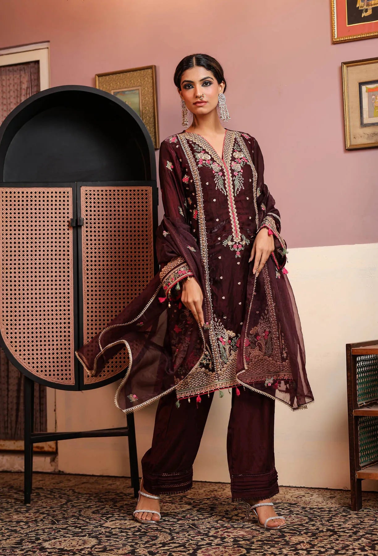 Maroon Shimmer Embroidered Pakistani Suit Set