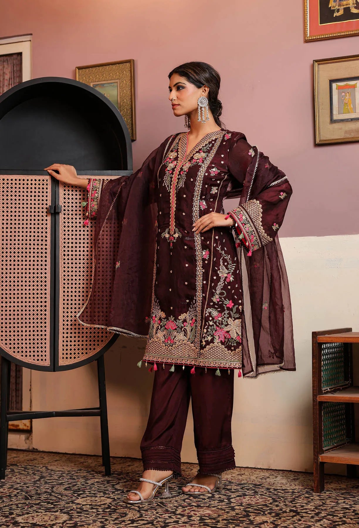 Maroon Shimmer Embroidered Pakistani Suit Set
