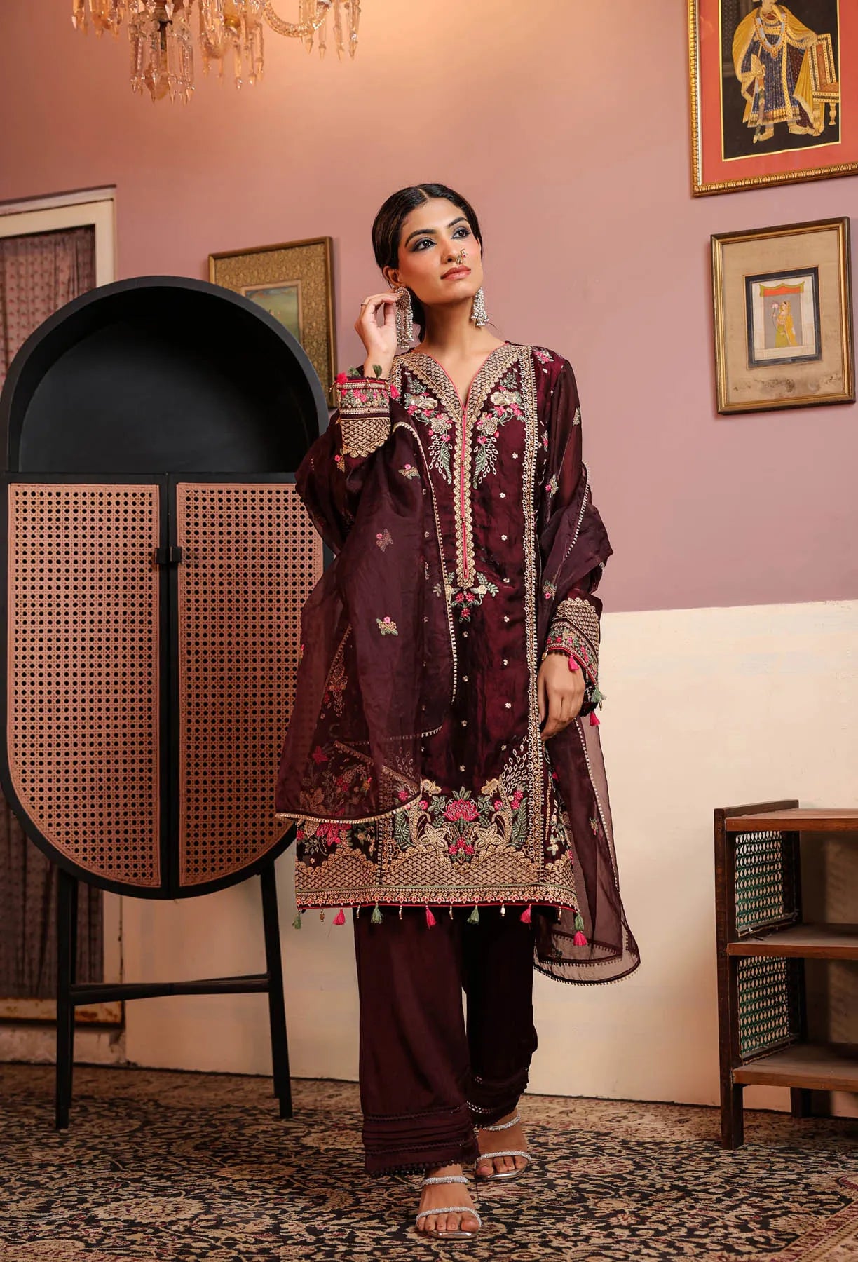 Maroon Shimmer Embroidered Pakistani Suit Set