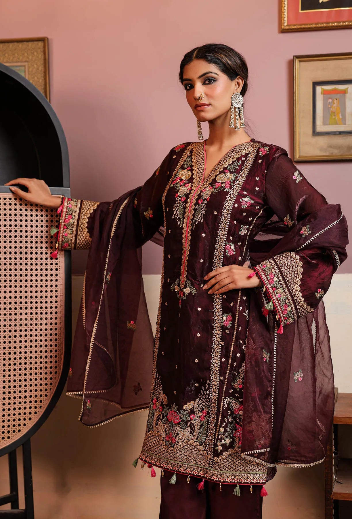 Maroon Shimmer Embroidered Pakistani Suit Set