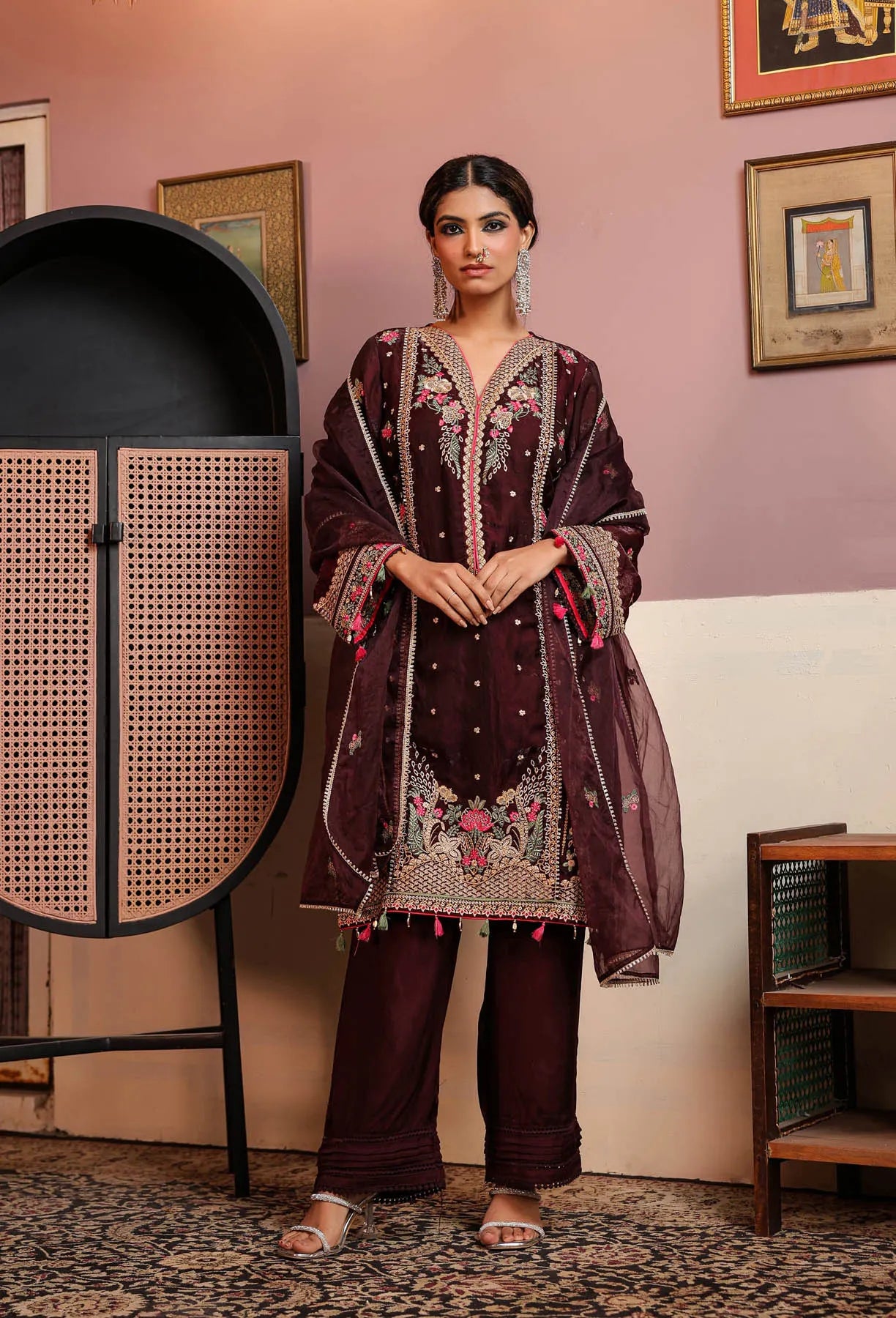 Maroon Shimmer Embroidered Pakistani Suit Set