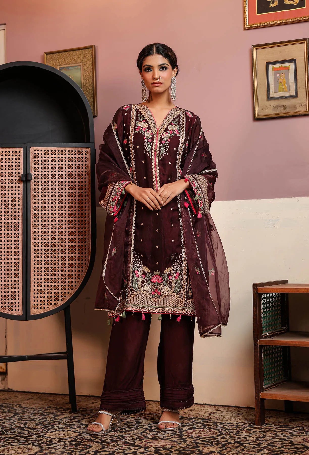 Maroon Shimmer Embroidered Pakistani Suit Set