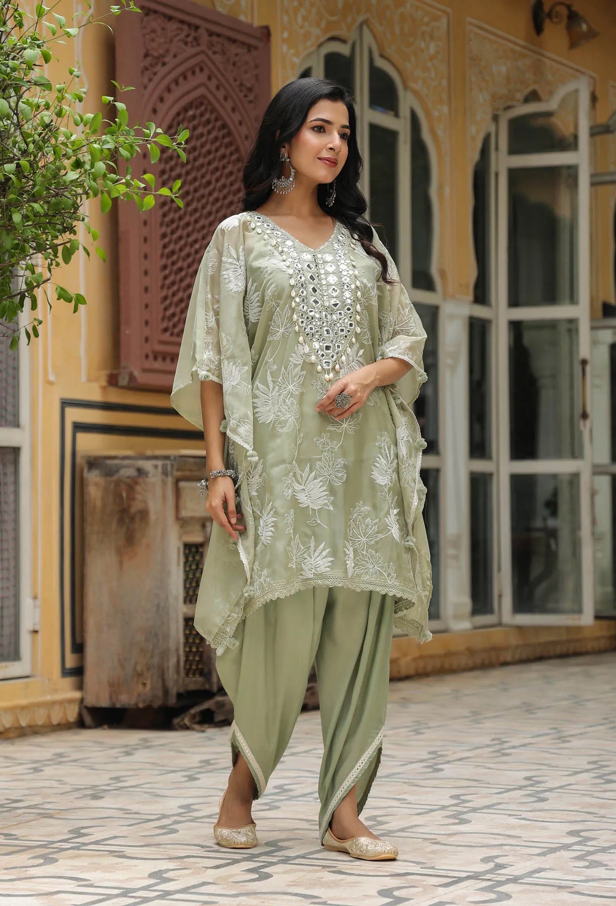 Olive Green Organza Embroidered Kaftan Set with Potli Bag