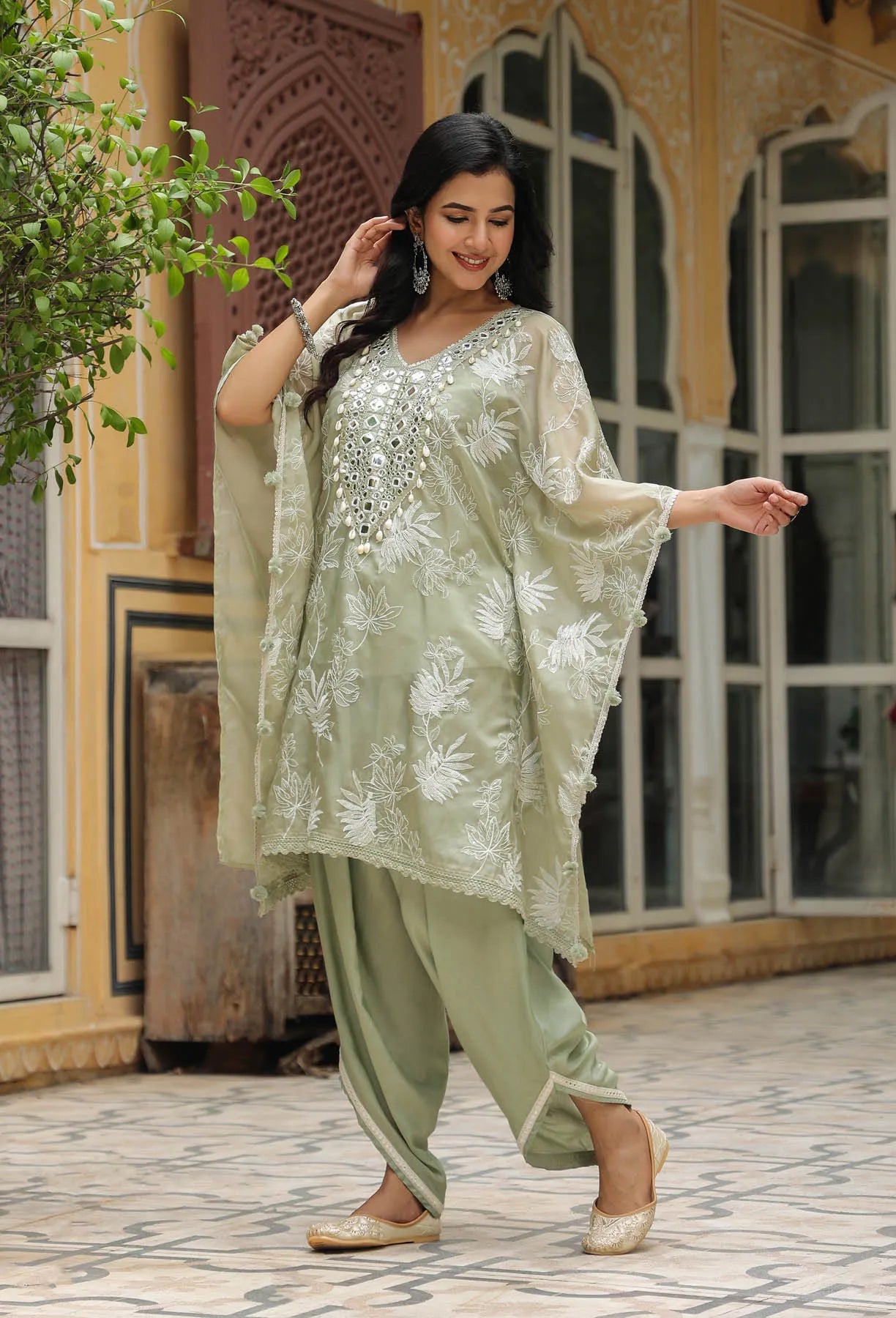 Olive Green Organza Embroidered Kaftan Set with Potli Bag