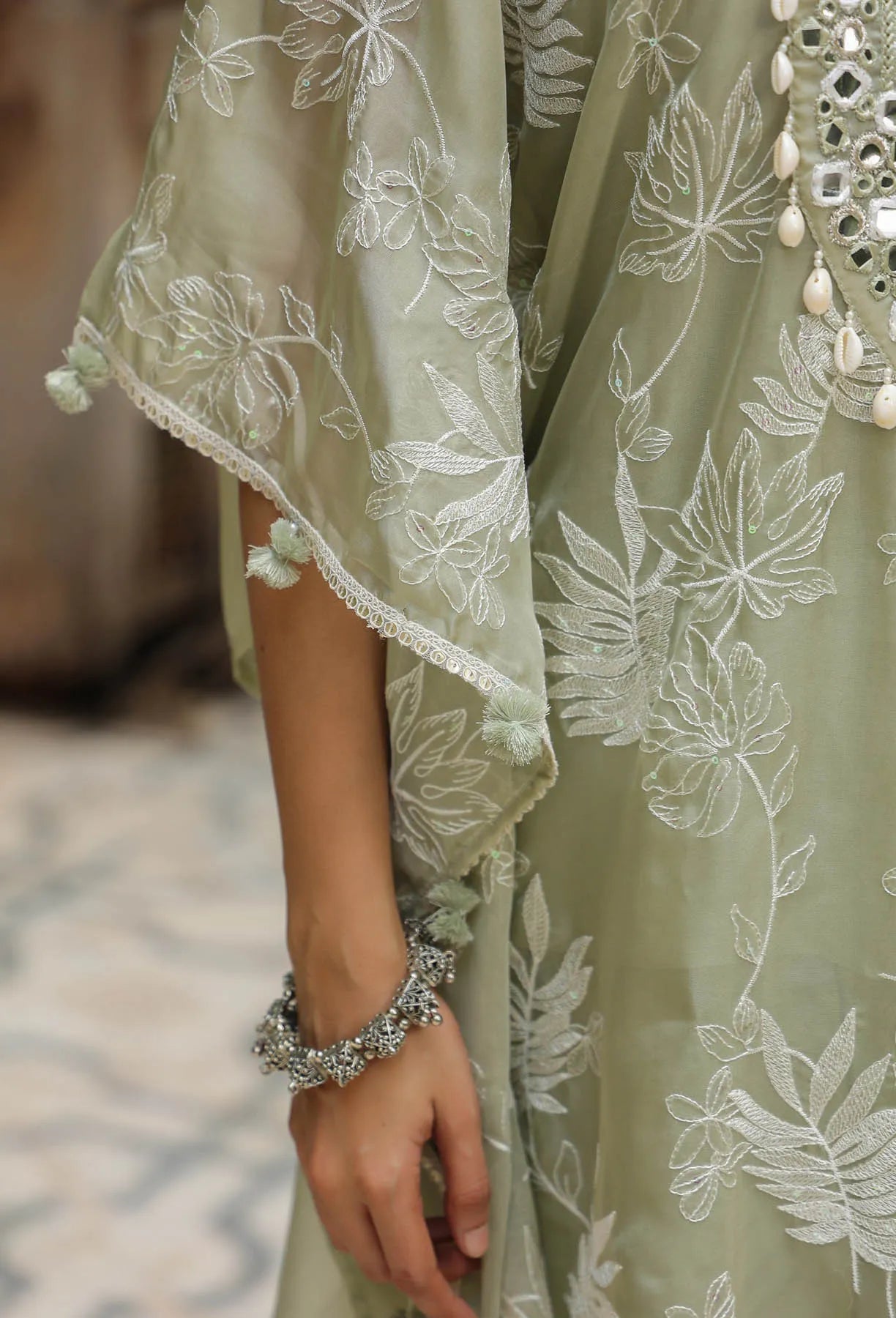 Olive Green Organza Embroidered Kaftan Set with Potli Bag