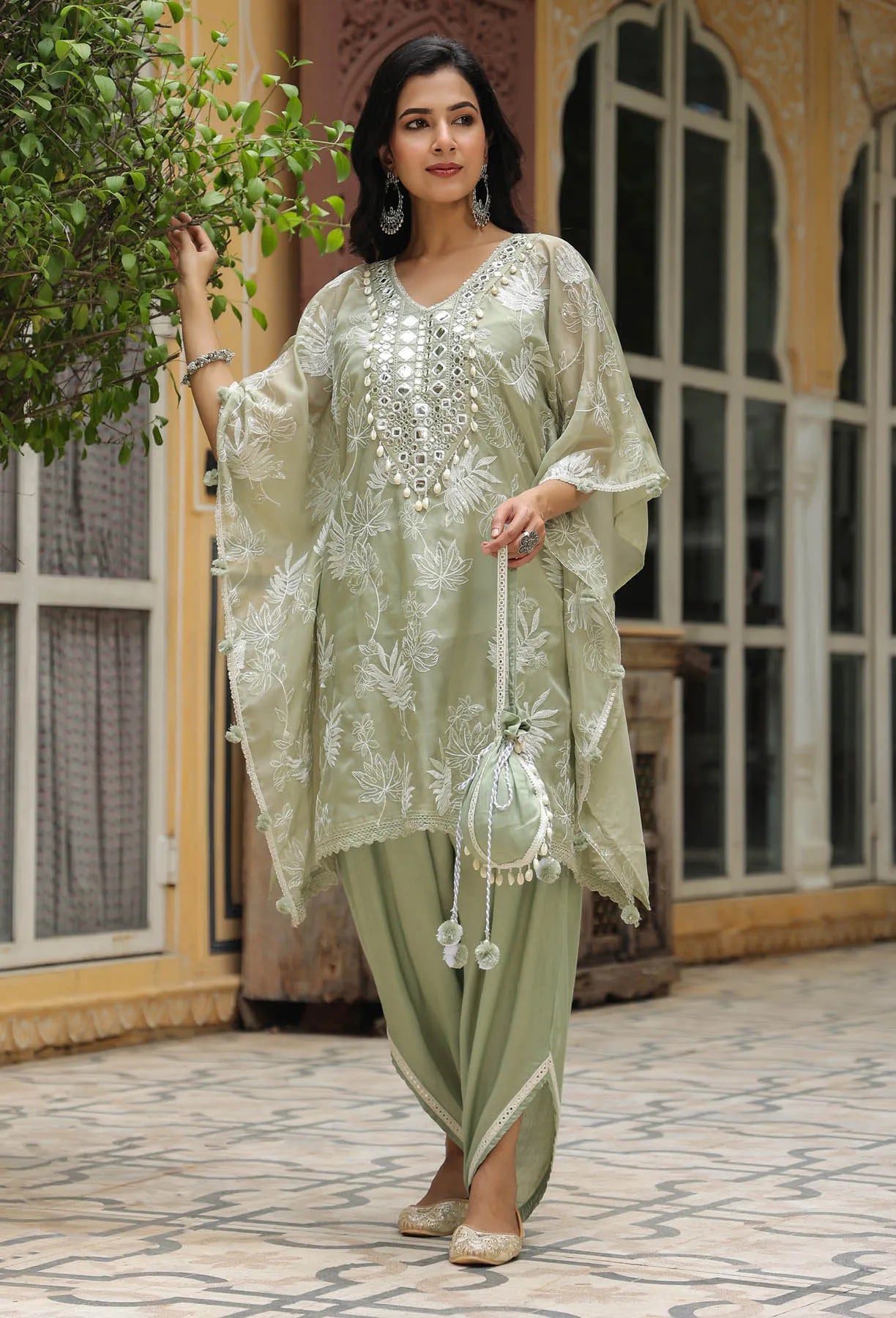 Olive Green Organza Embroidered Kaftan Set with Potli Bag