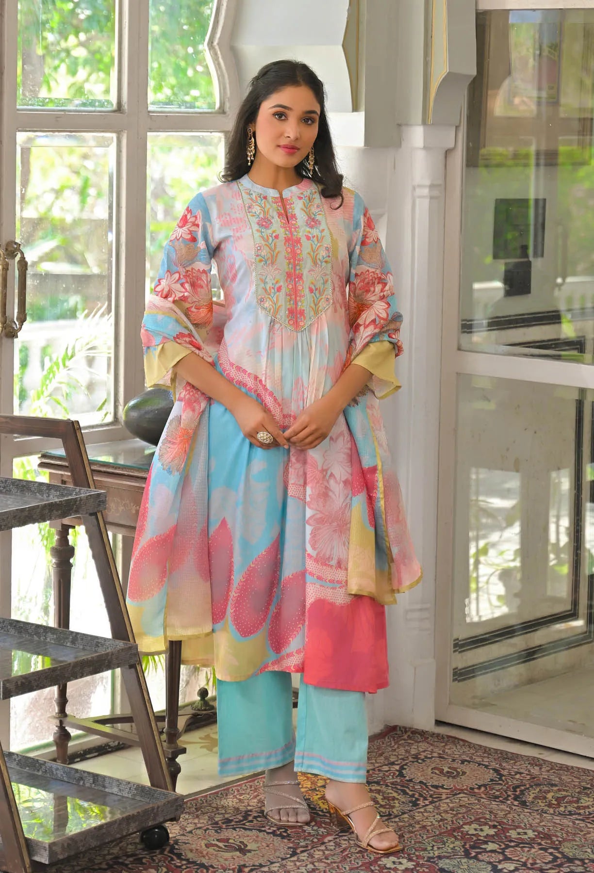 Blue Multicolor Cotton Embroidered A-Line Suit Set | Bairaas