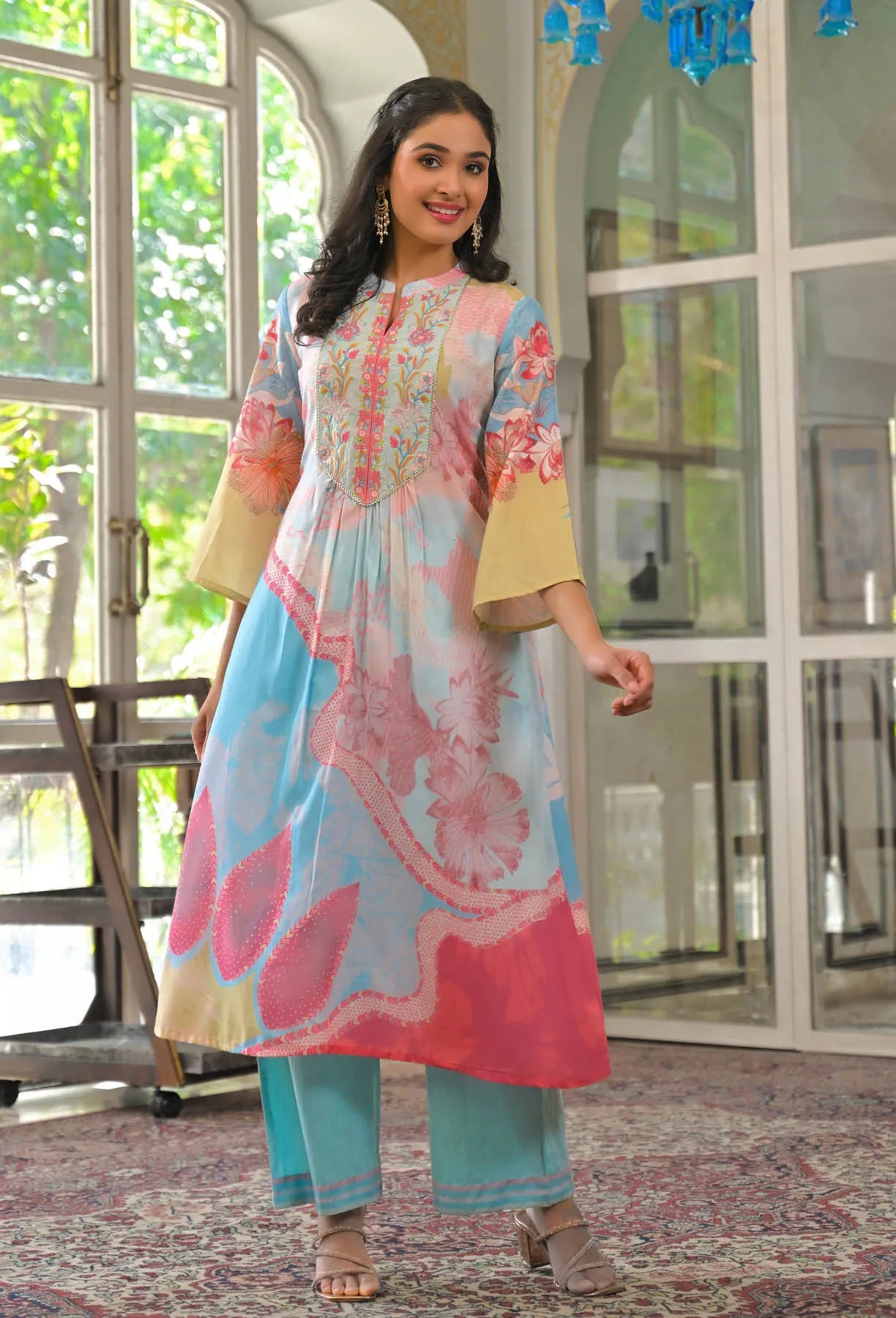 Blue Multicolor Cotton Embroidered A-Line Suit Set | Bairaas