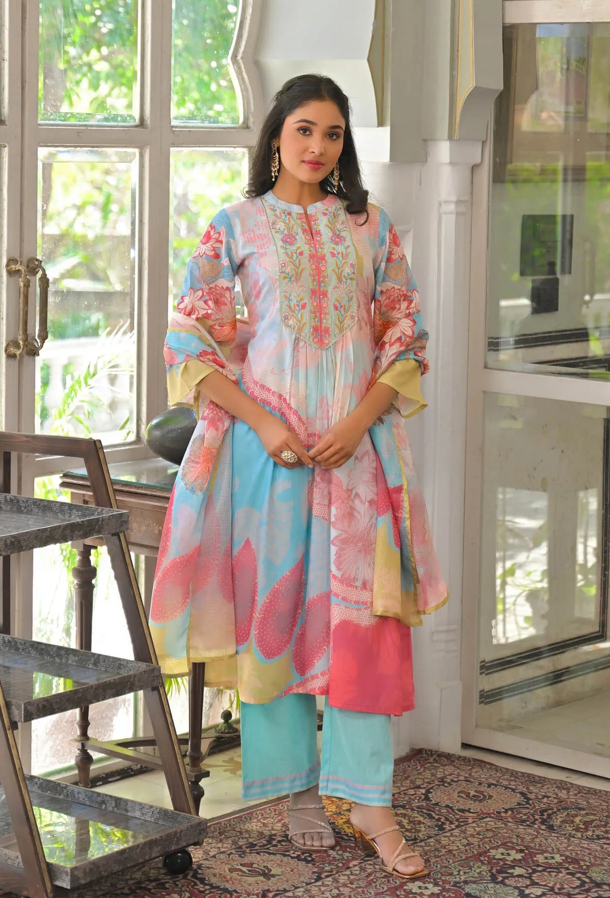 Blue Multicolor Cotton Embroidered A-Line Suit Set | Bairaas