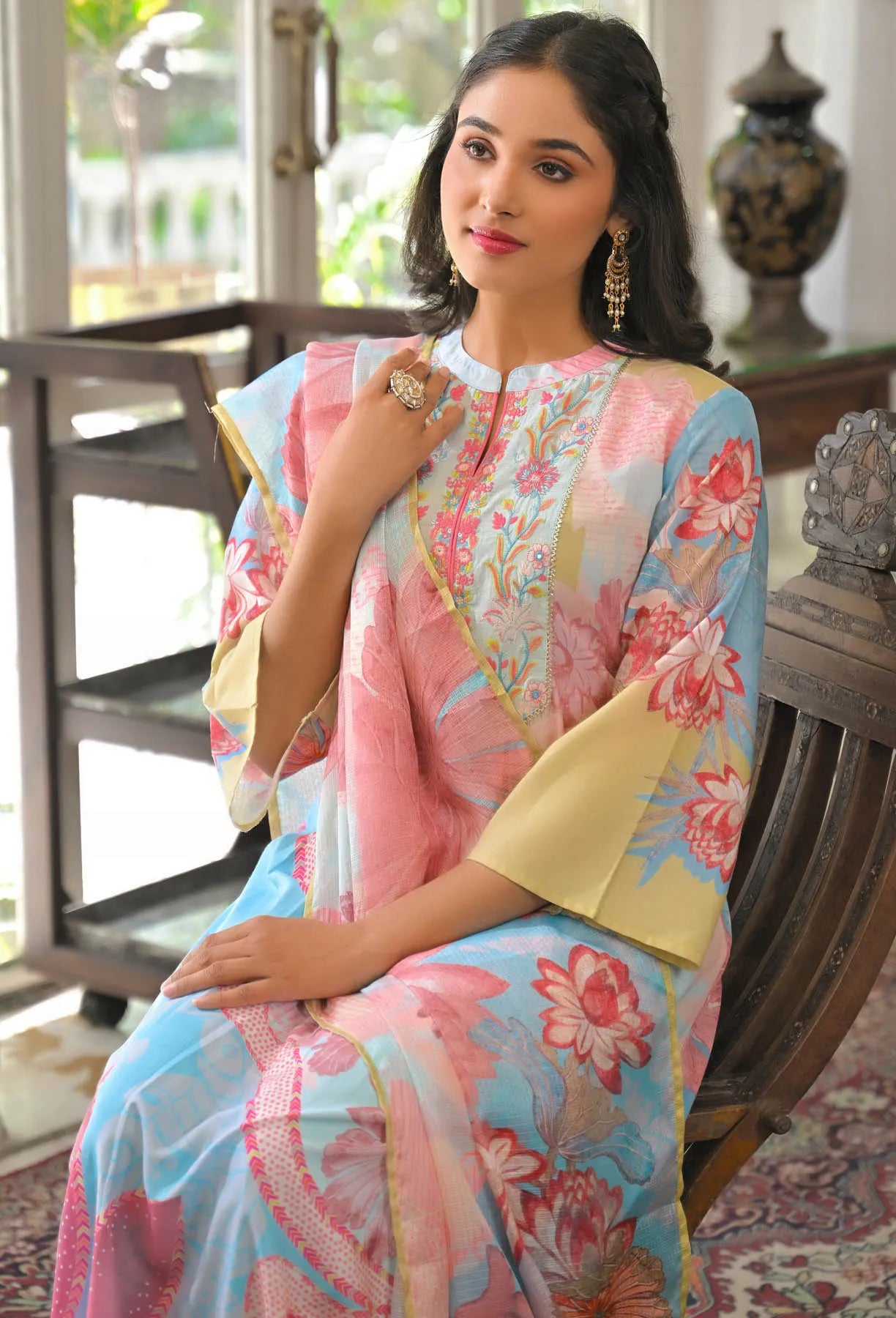 Blue Multicolor Cotton Embroidered A-Line Suit Set | Bairaas