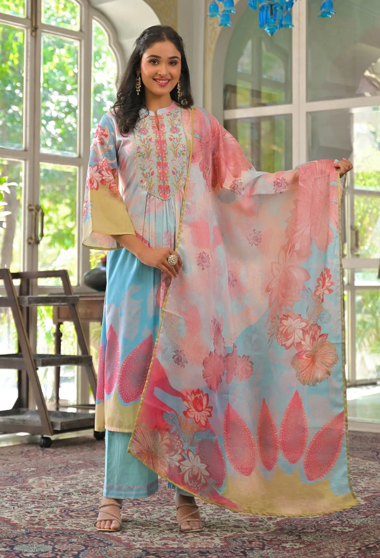 Blue Multicolor Cotton Embroidered A-Line Suit Set | Bairaas