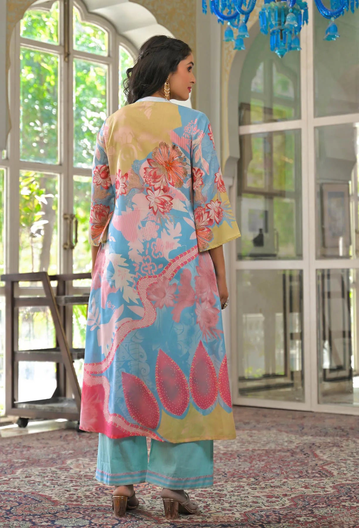 Blue Multicolor Cotton Embroidered A-Line Suit Set | Bairaas