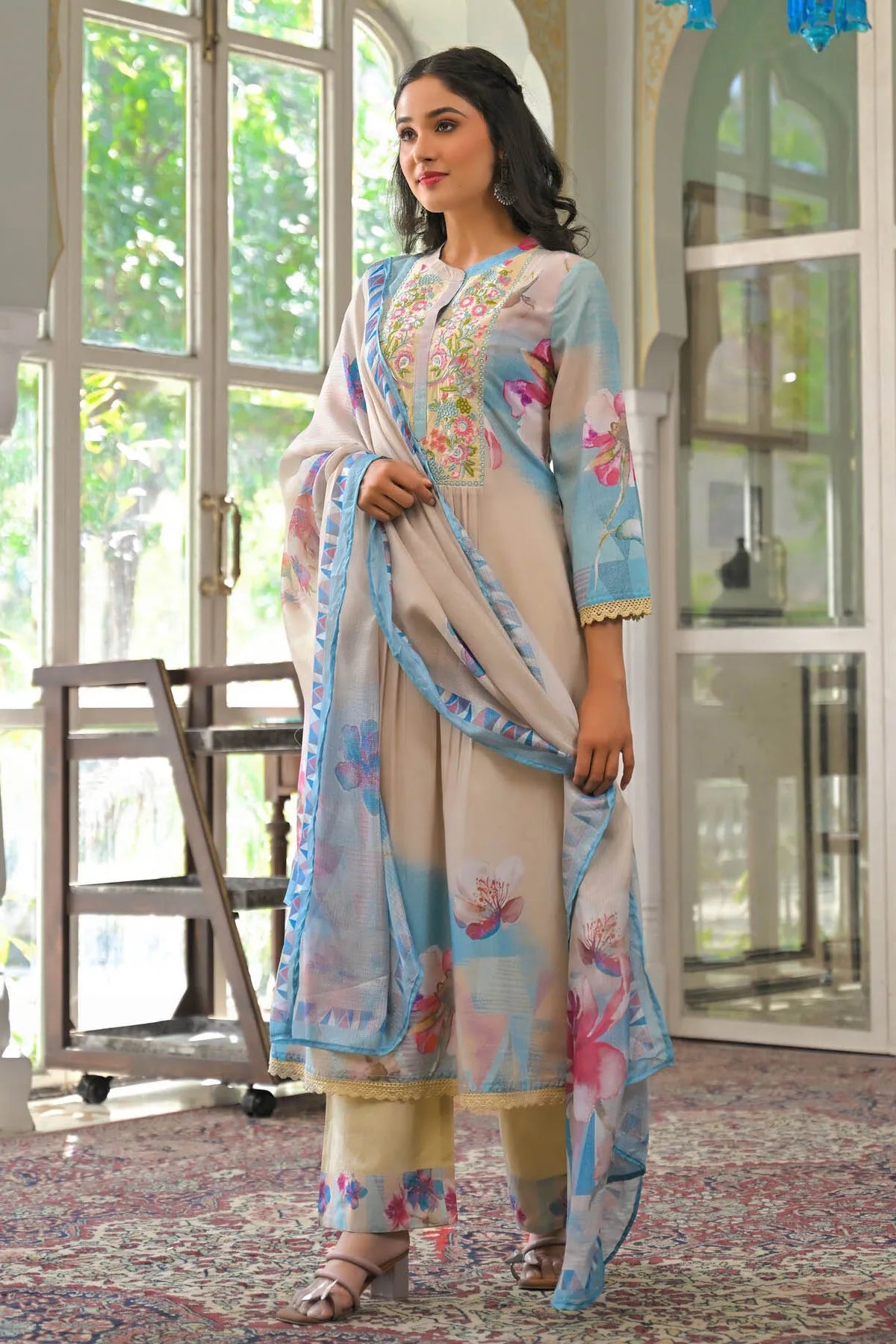 Beige Multicolor Cotton Embroidered A-Line Suit Set