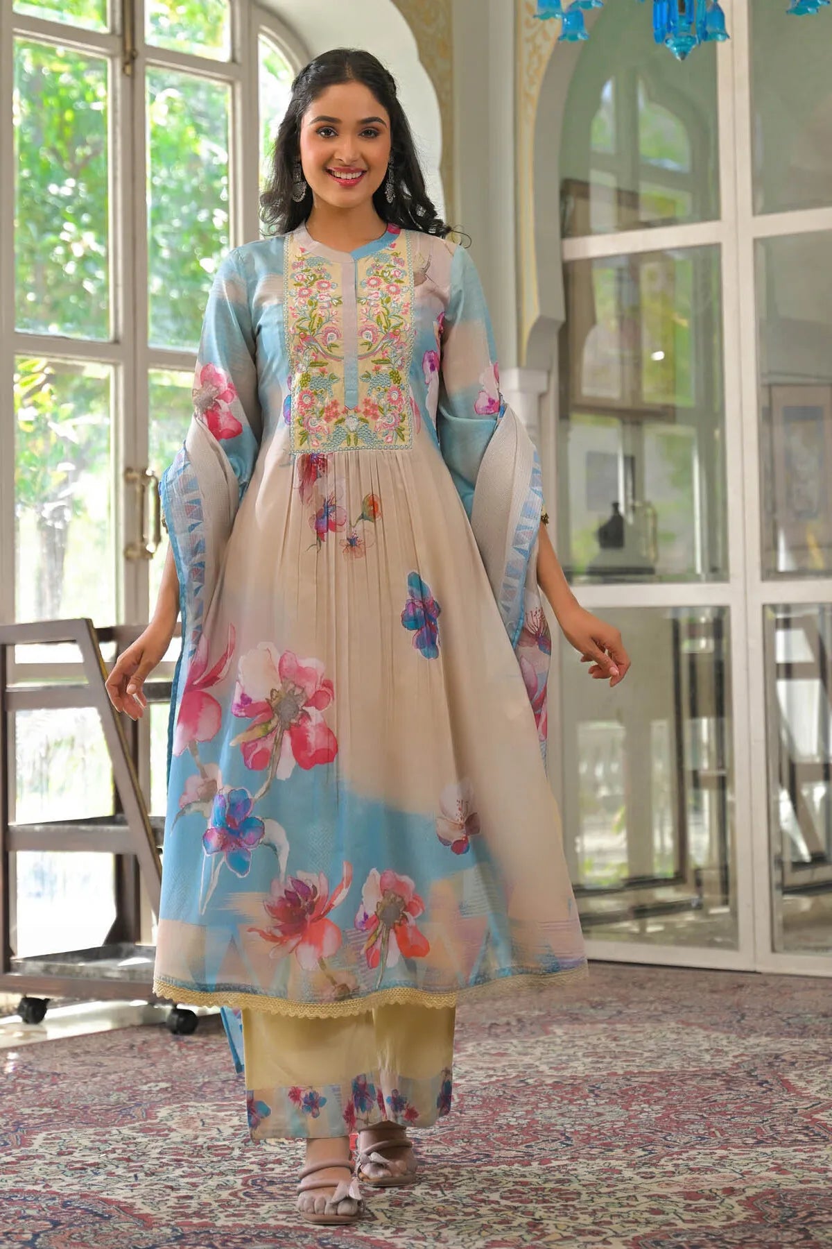 Beige Multicolor Cotton Embroidered A-Line Suit Set