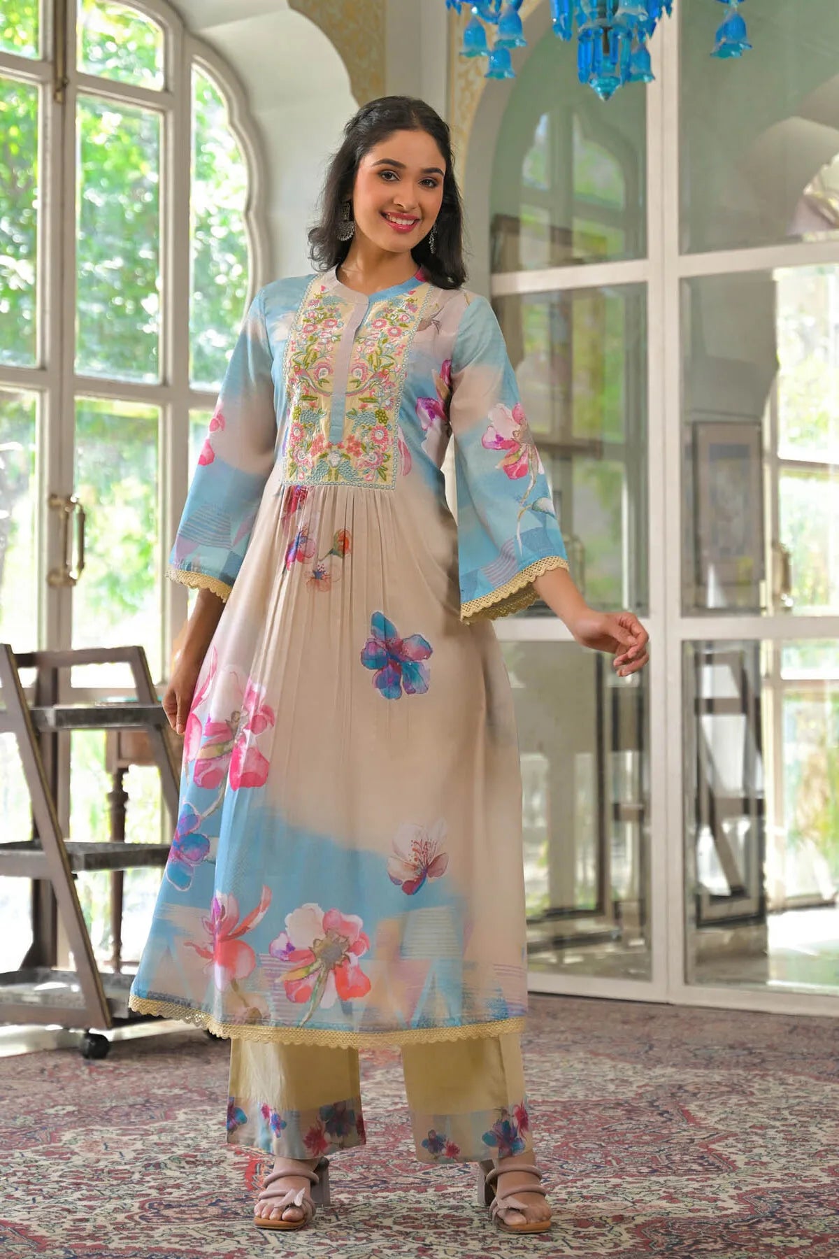 Beige Multicolor Cotton Embroidered A-Line Suit Set